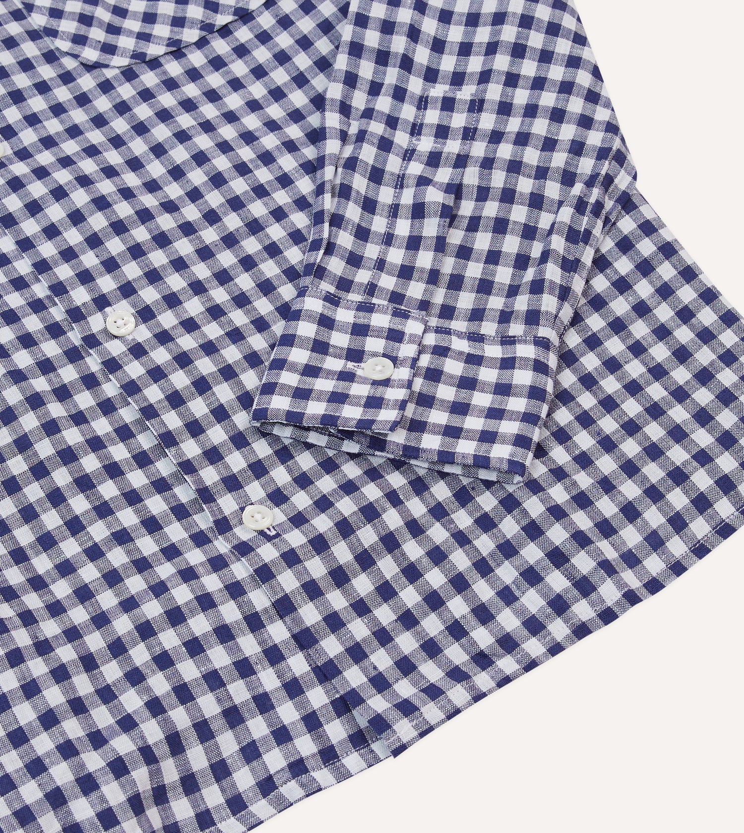 Navy Gingham Check Linen Camp Collar Long Sleeve Shirt