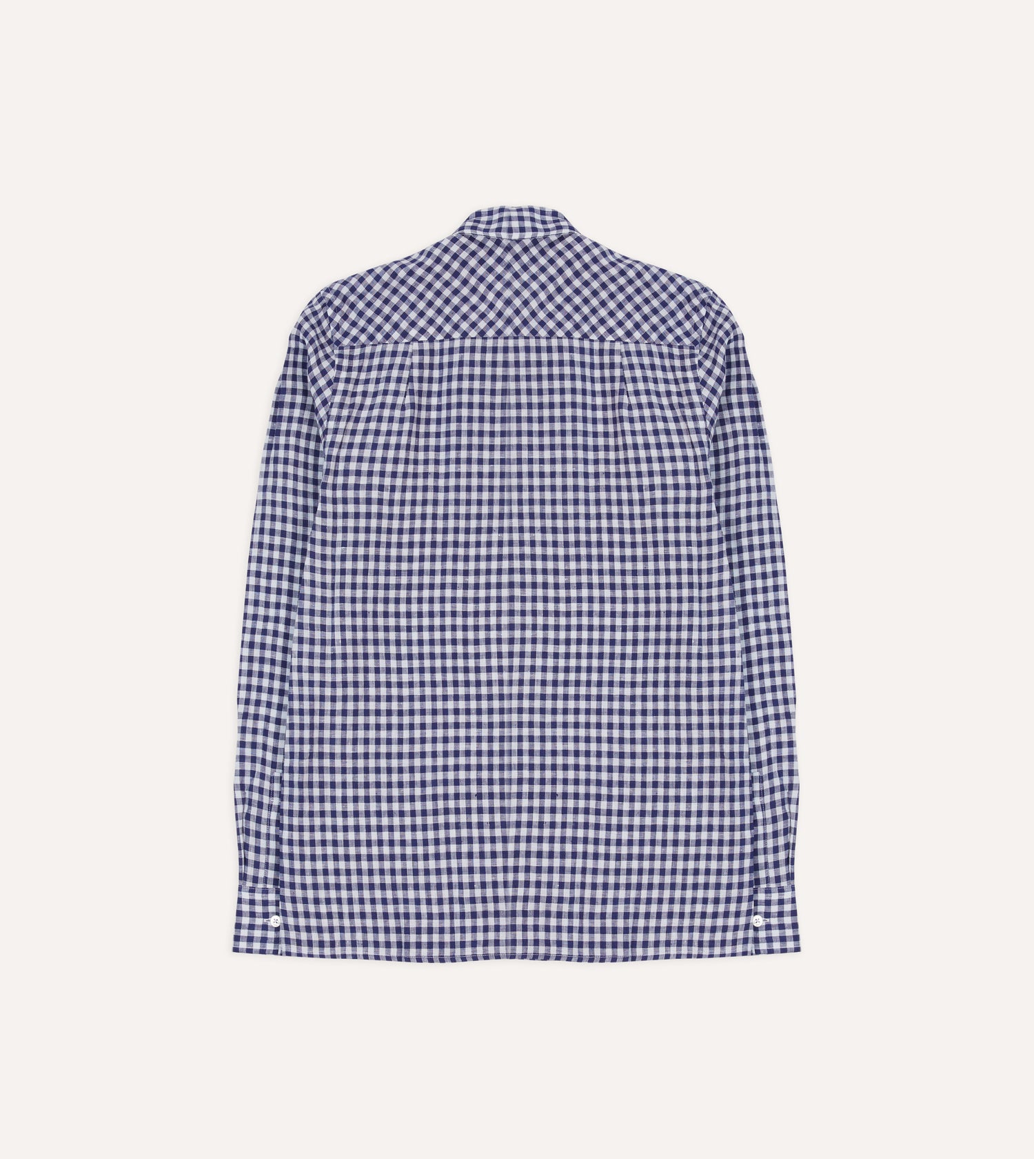 Navy Gingham Check Linen Camp Collar Long Sleeve Shirt