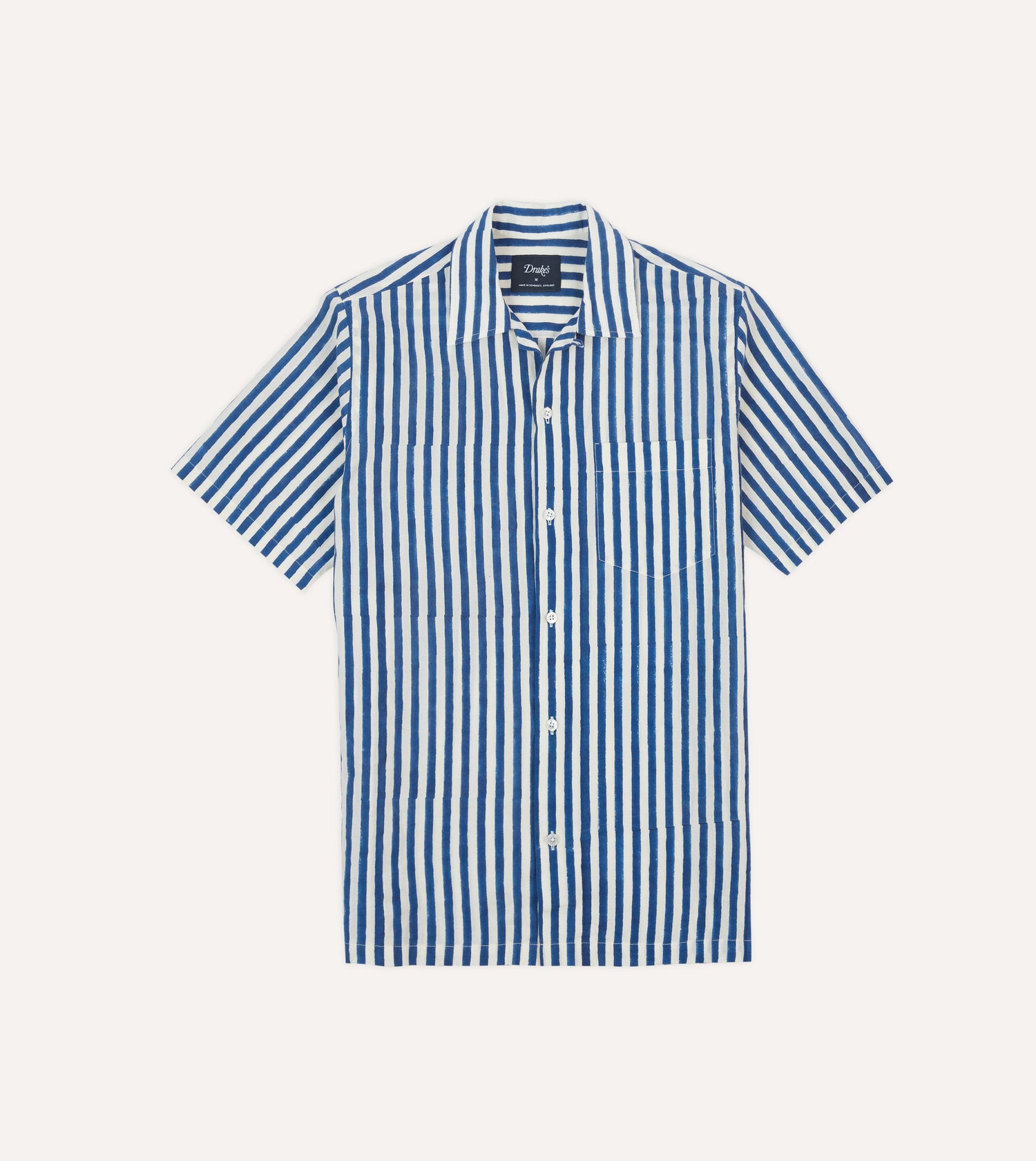 Blue Stripe Block Print Cotton Camp Collar Short Sleeve Shirt