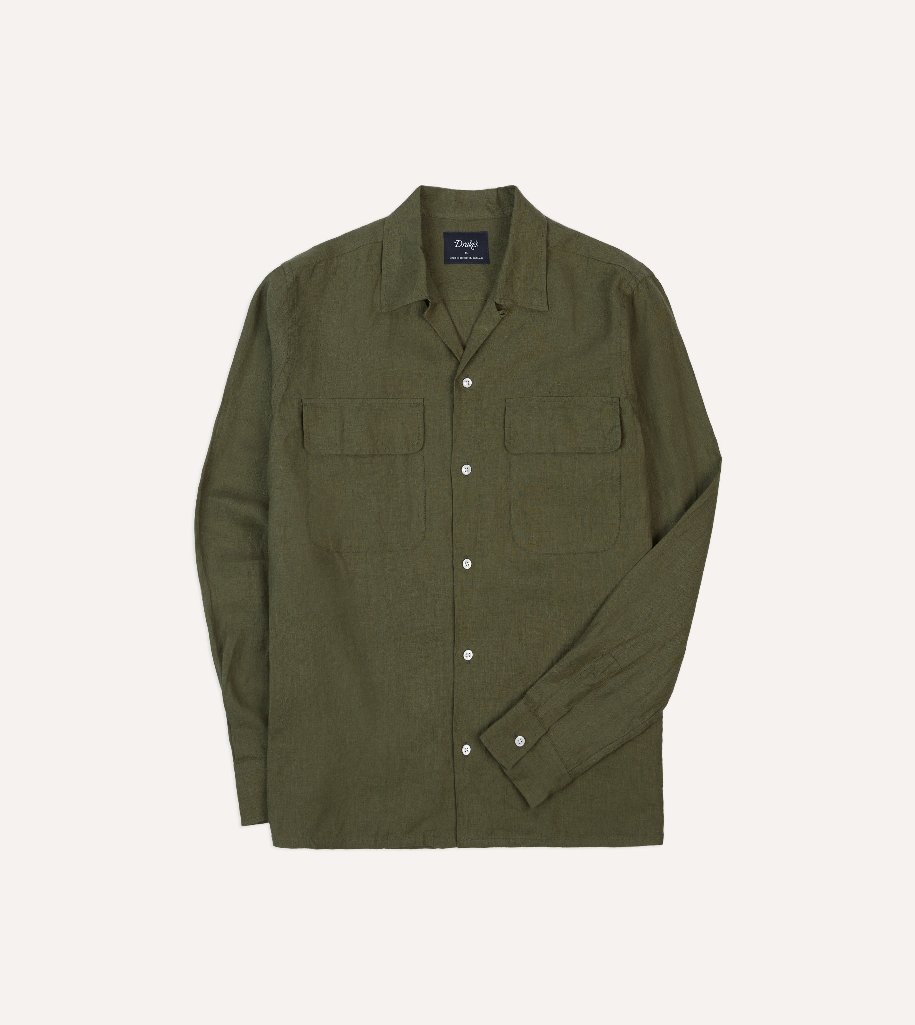 Khaki Linen Camp Collar Long Sleeve Shirt Drakes US Khaki Linen Camp Collar Long Sleeve Shirt Drakes US
