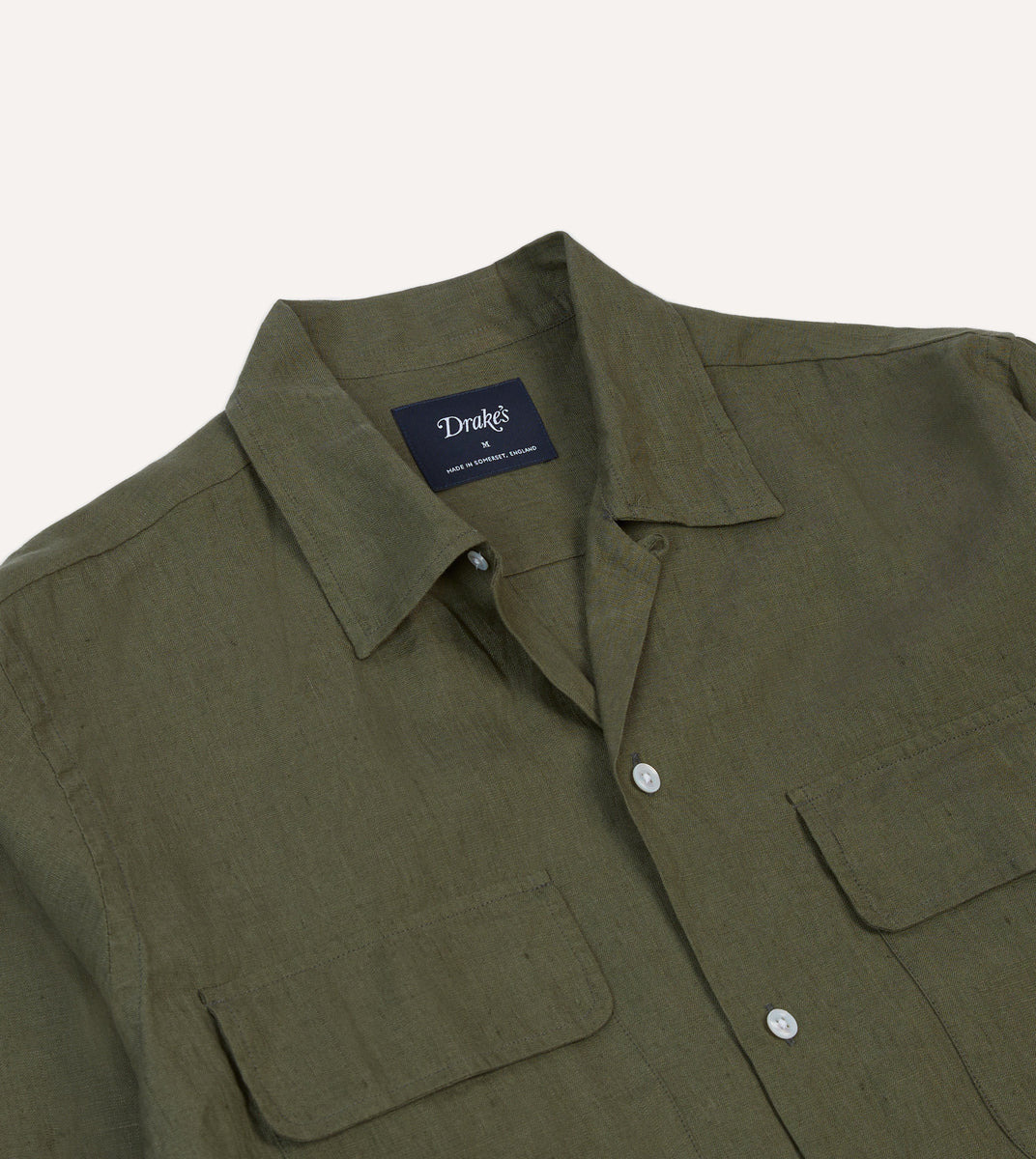 Khaki Linen Camp Collar Long Sleeve Shirt – Drakes US