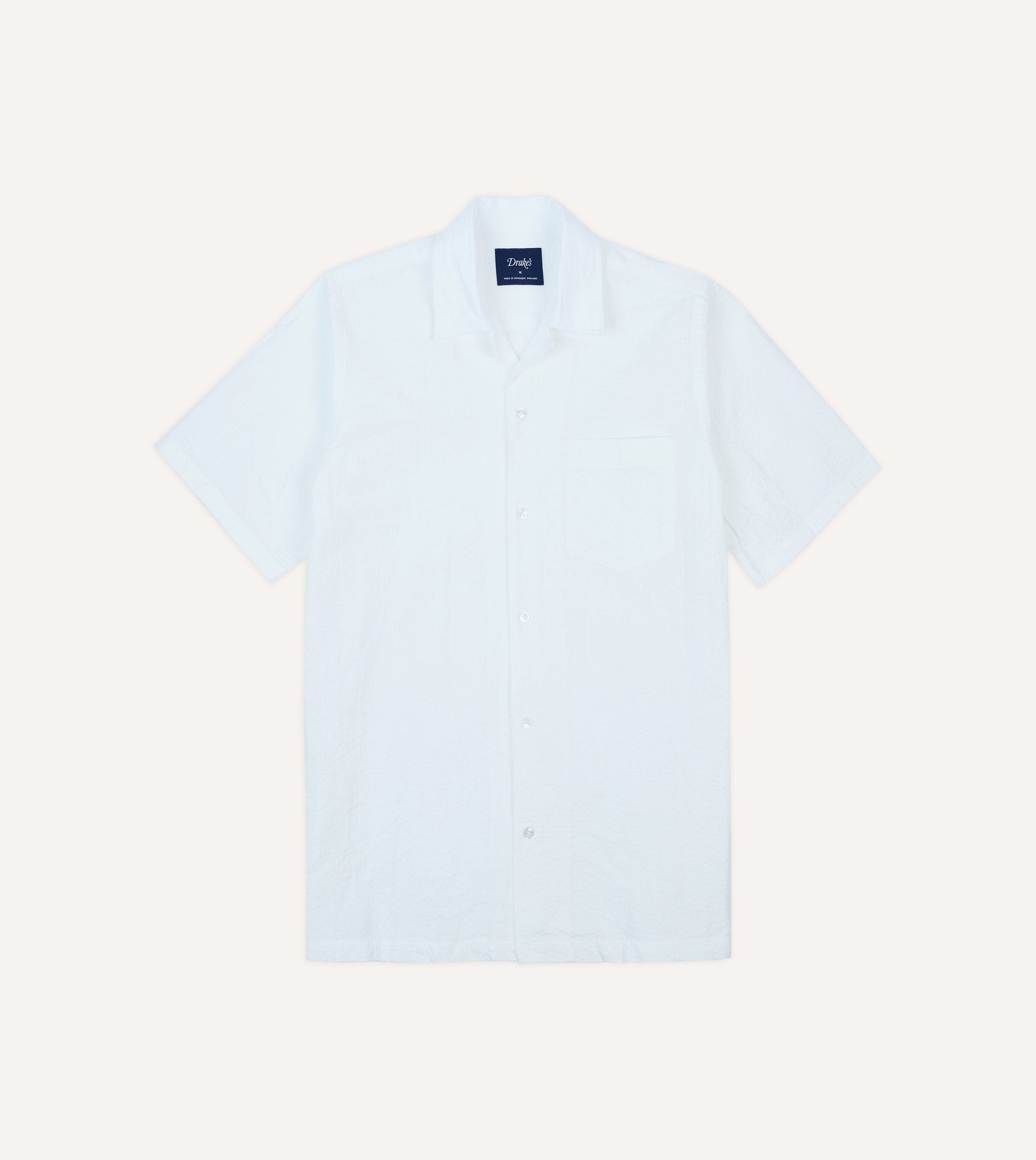 White Cotton-Linen Seersucker Camp Collar Short Sleeve Shirt