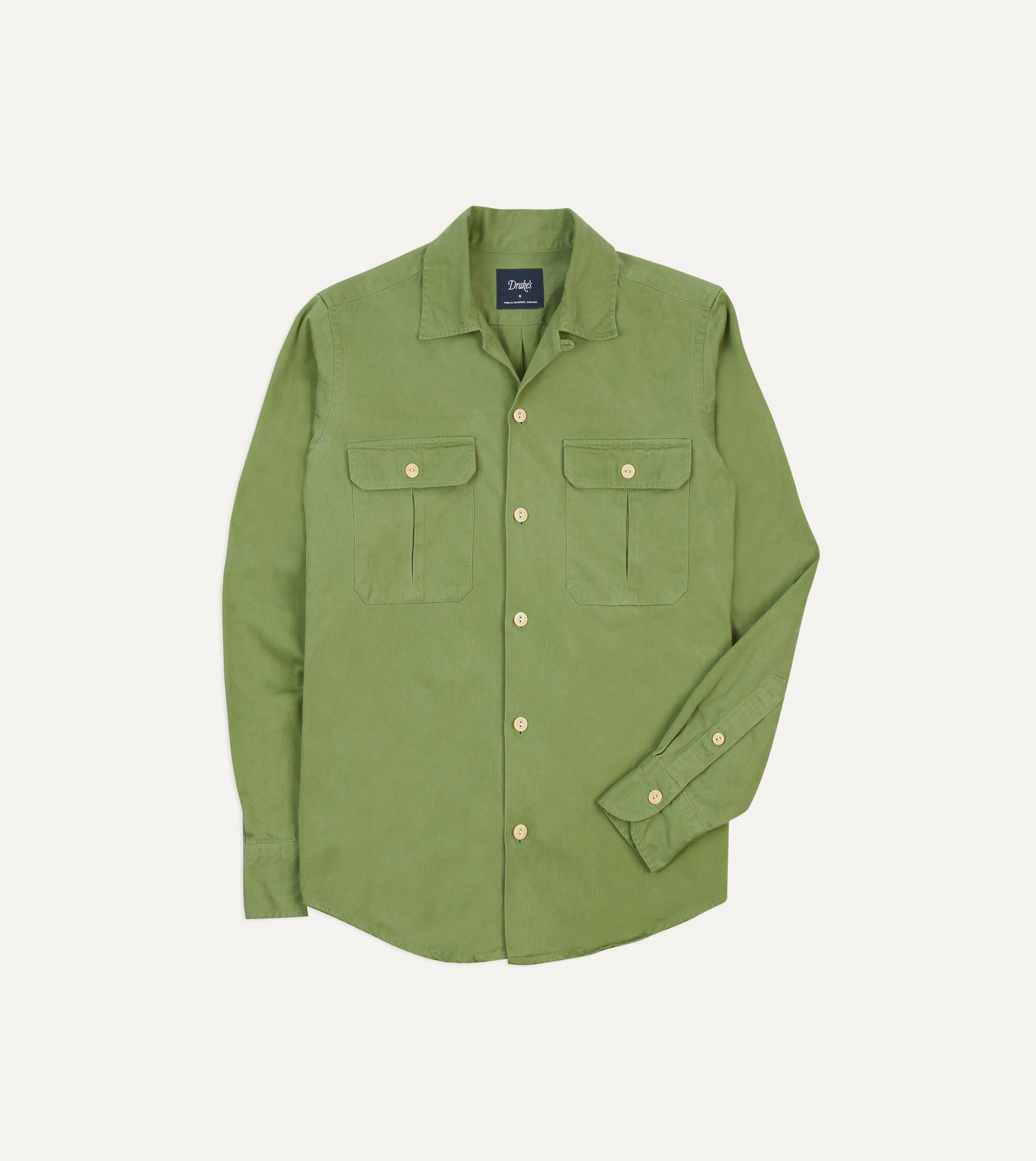 Green Brushed Cotton Twill Camp Collar Long Sleeve Shirt Drakes US Green Brushed Cotton Twill Camp Collar Long Sleeve Shirt Drakes US