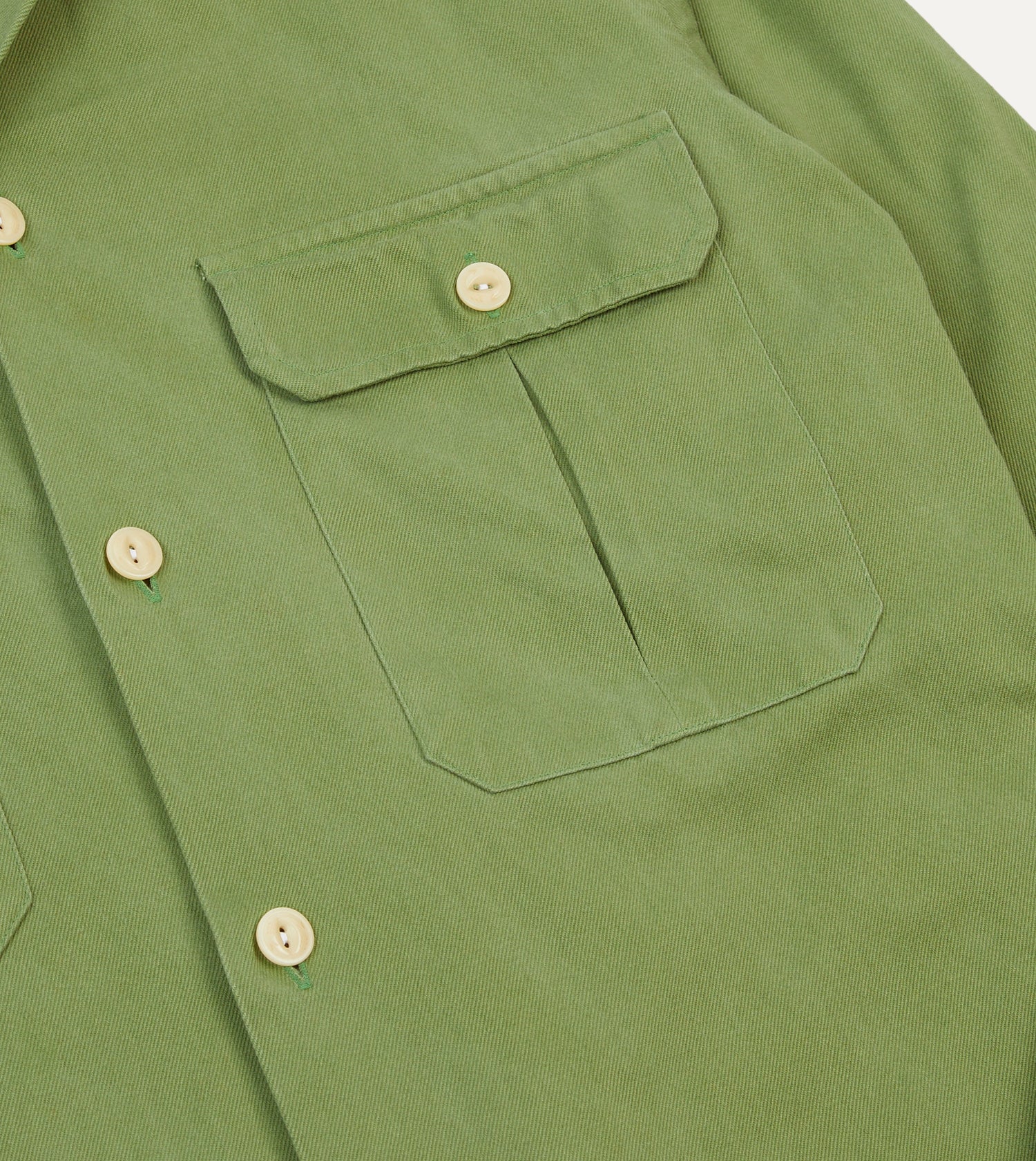 Green Brushed Cotton Twill Camp Collar Long Sleeve Shirt