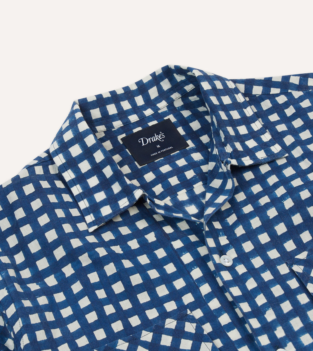 Navy Gingham Check Block Print Cotton Camp Collar Short Sleeve Shirt ...