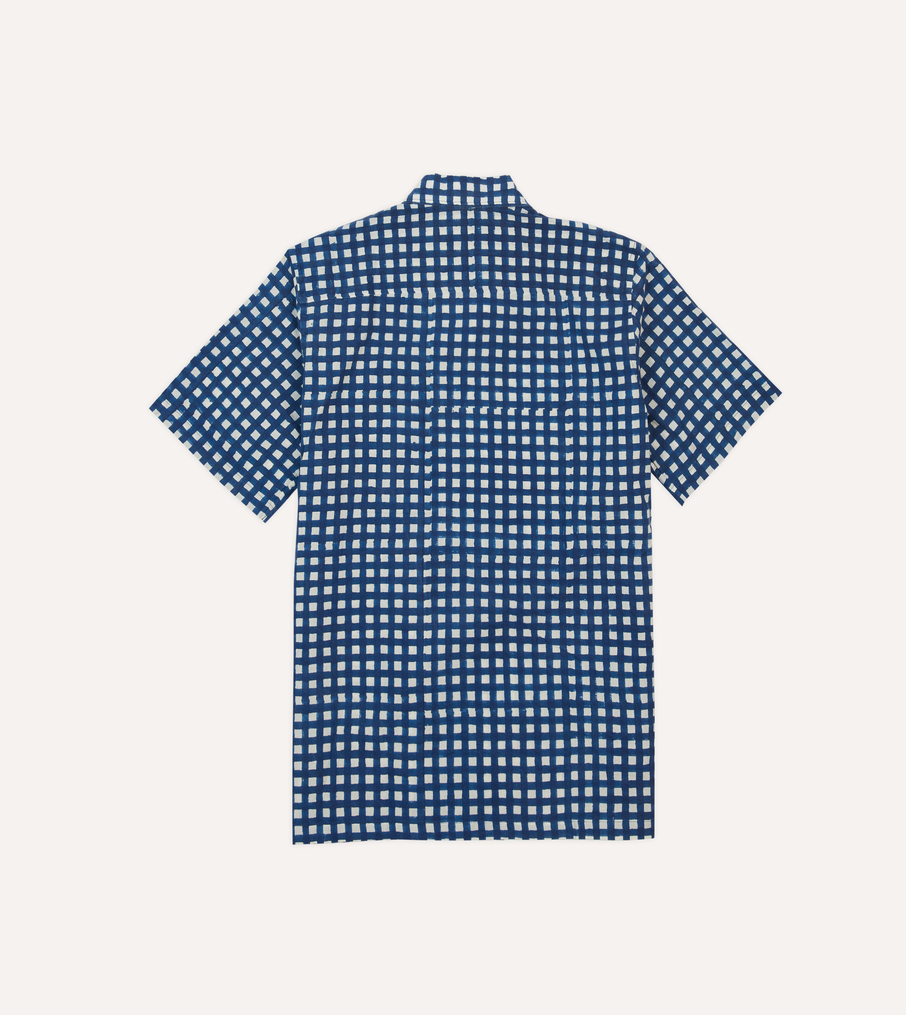 Navy Gingham Check Block Print Cotton Camp Collar Short Sleeve Shirt