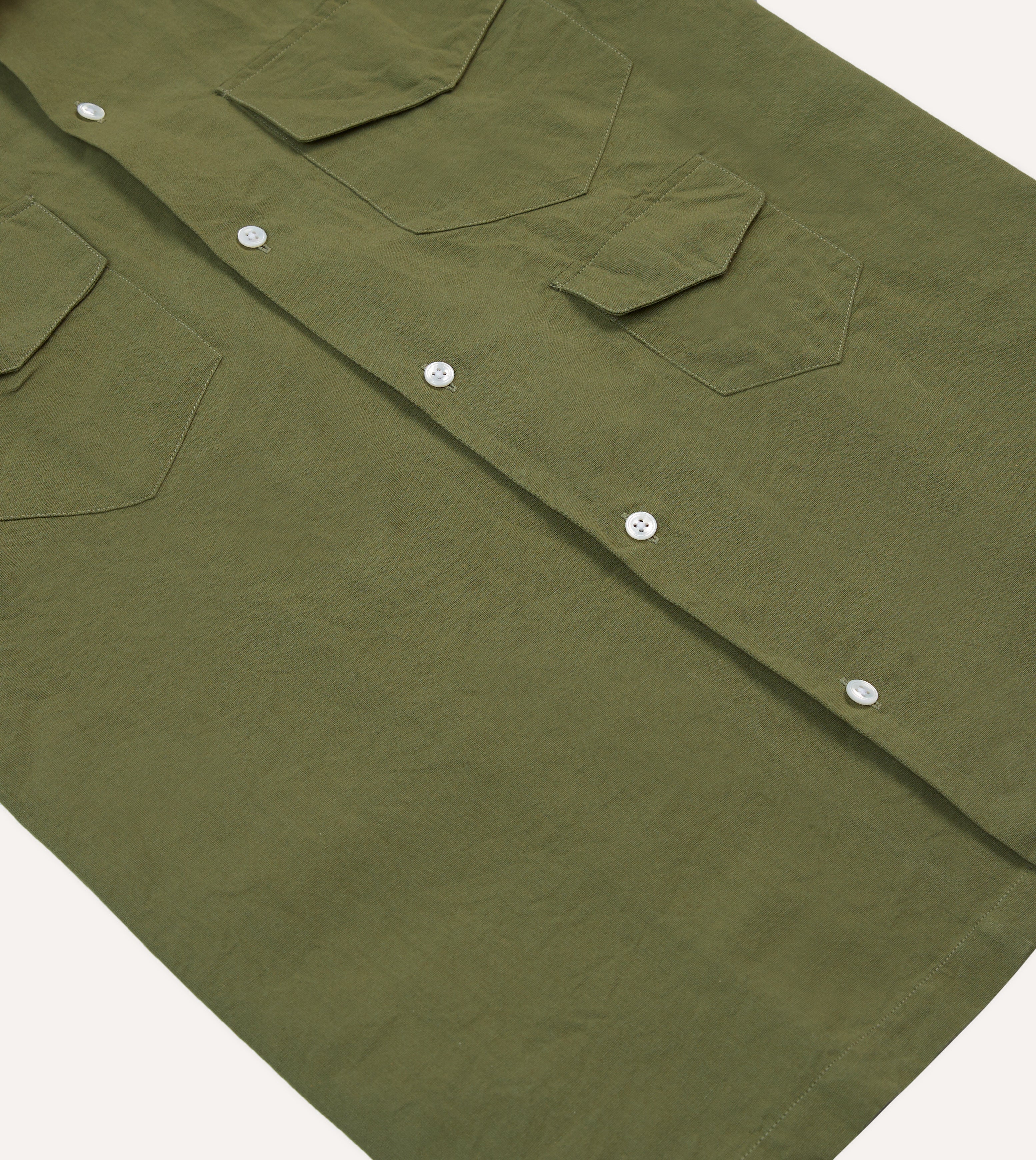 Olive Cotton-Linen Camp Collar Three Pocket Short Sleeve Shirt
