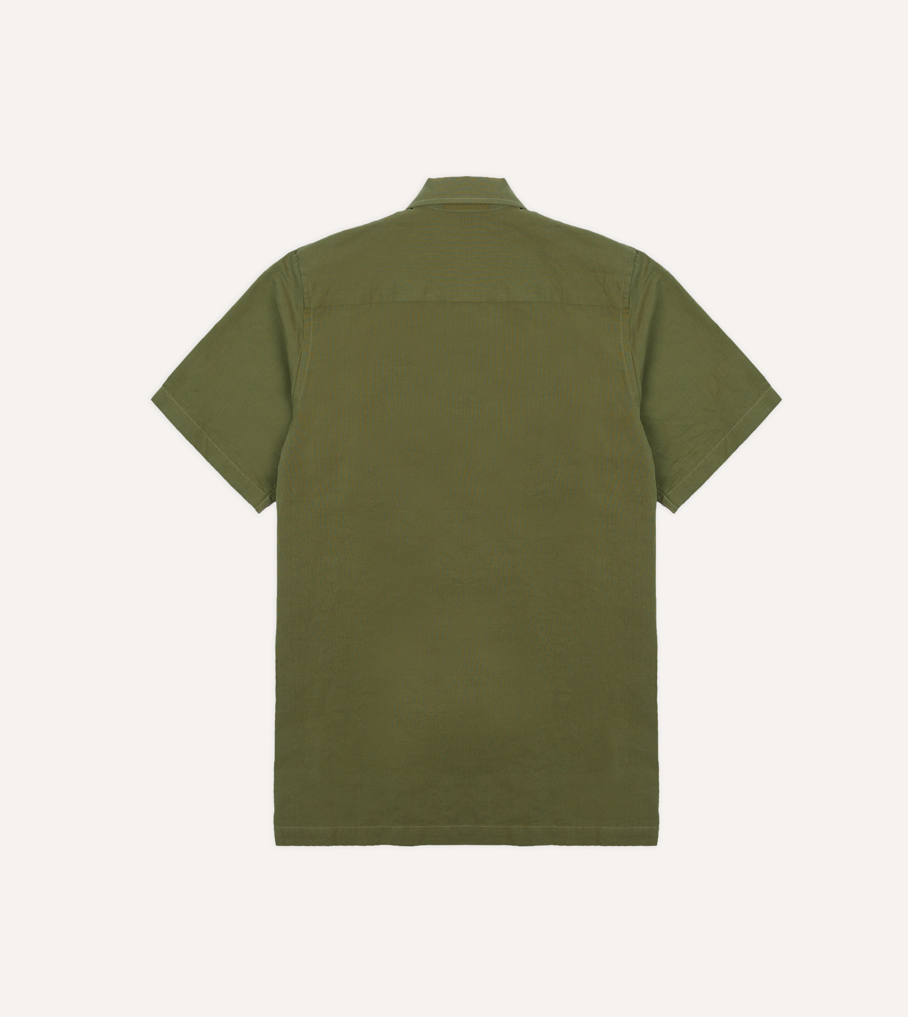 Olive Cotton-Linen Camp Collar Three Pocket Short Sleeve Shirt