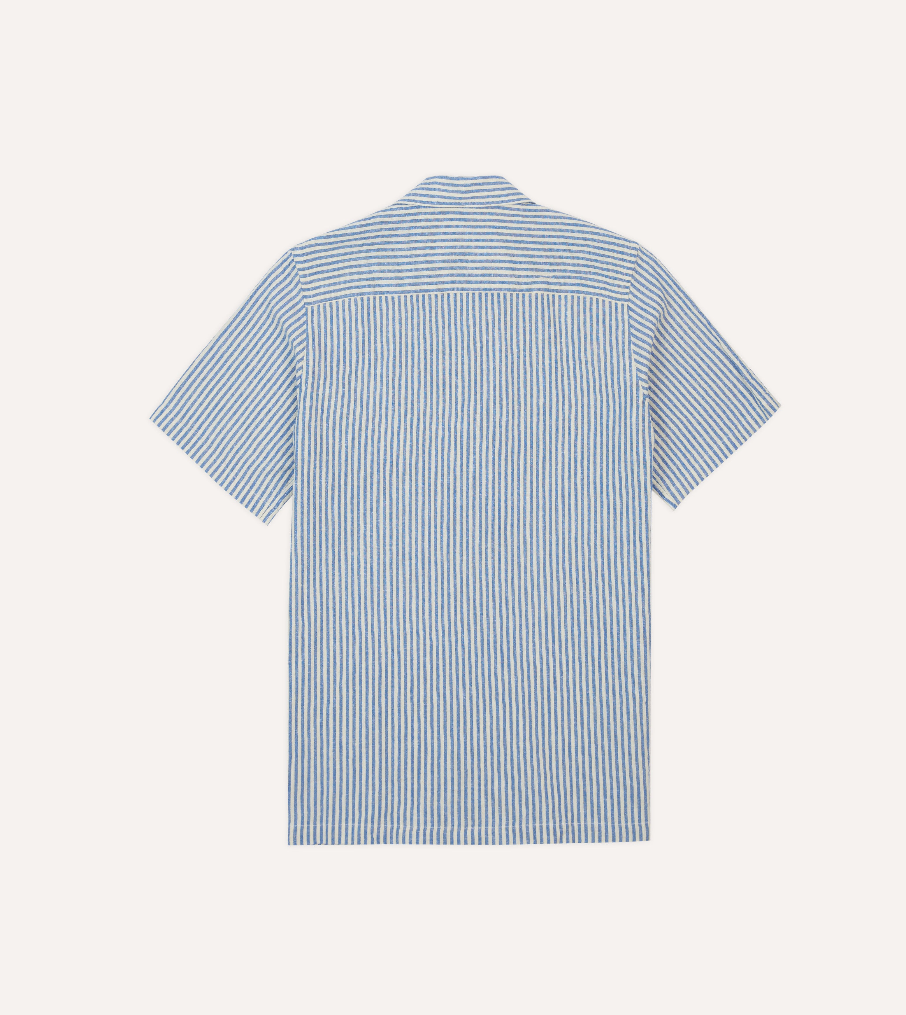 Blue and White Stripe Cotton-Linen Camp Collar Short Sleeve Shirt