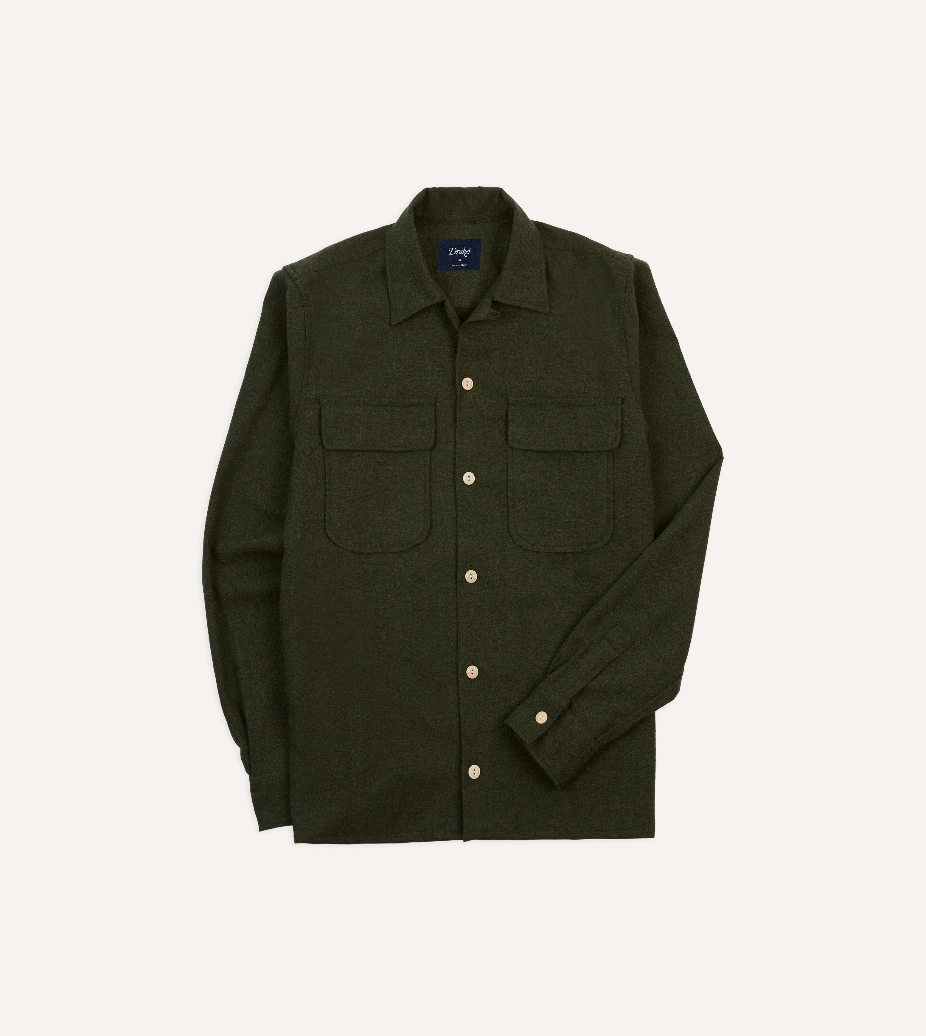 Dark Green Wool Two-Pocket Camp Collar Work Shirt