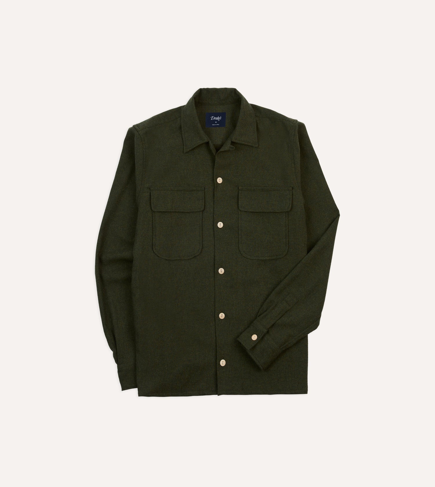 Dark Green Wool Two-Pocket Camp Collar Work Shirt