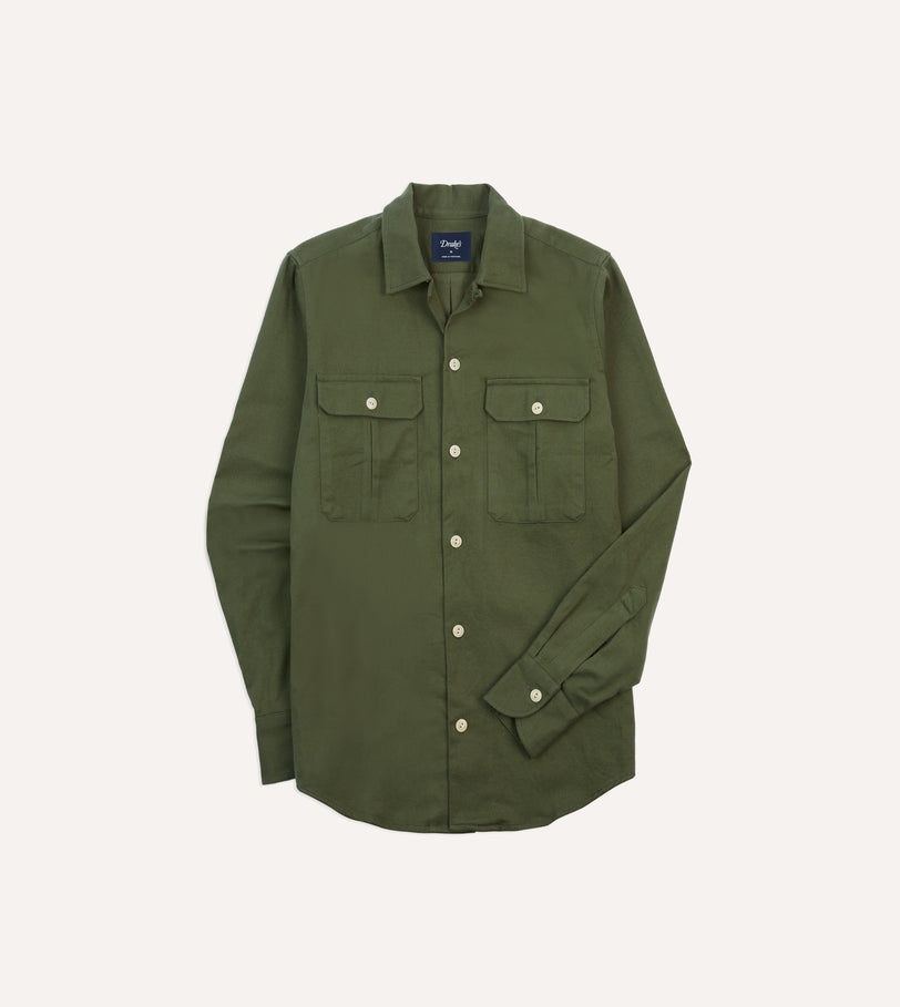 Olive Brushed Cotton Twill Two-Pocket Camp Collar Work Shirt
