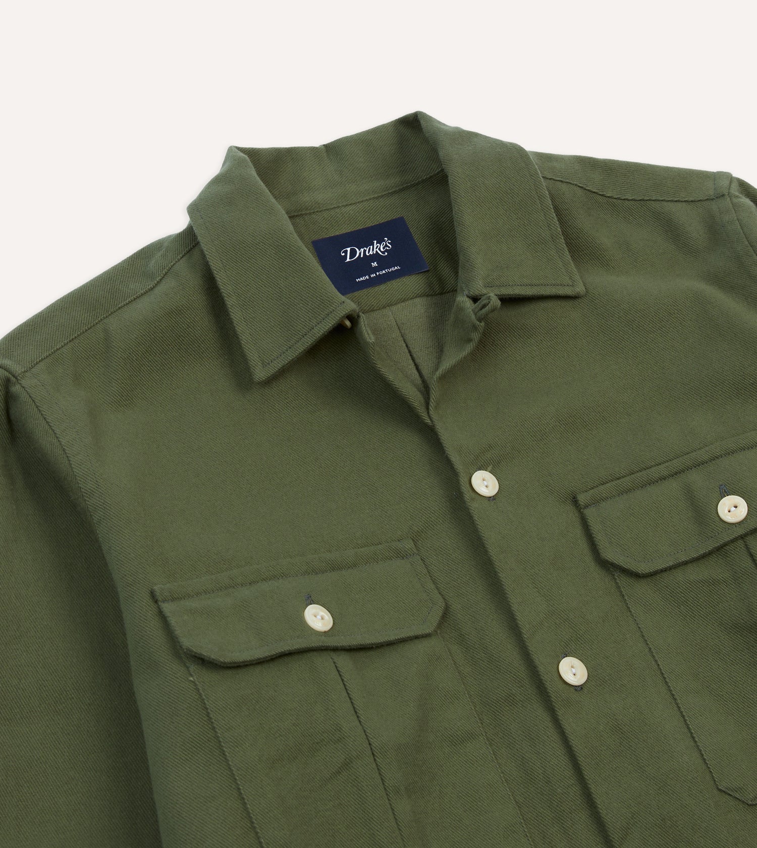Olive Brushed Cotton Twill Two-Pocket Camp Collar Work Shirt