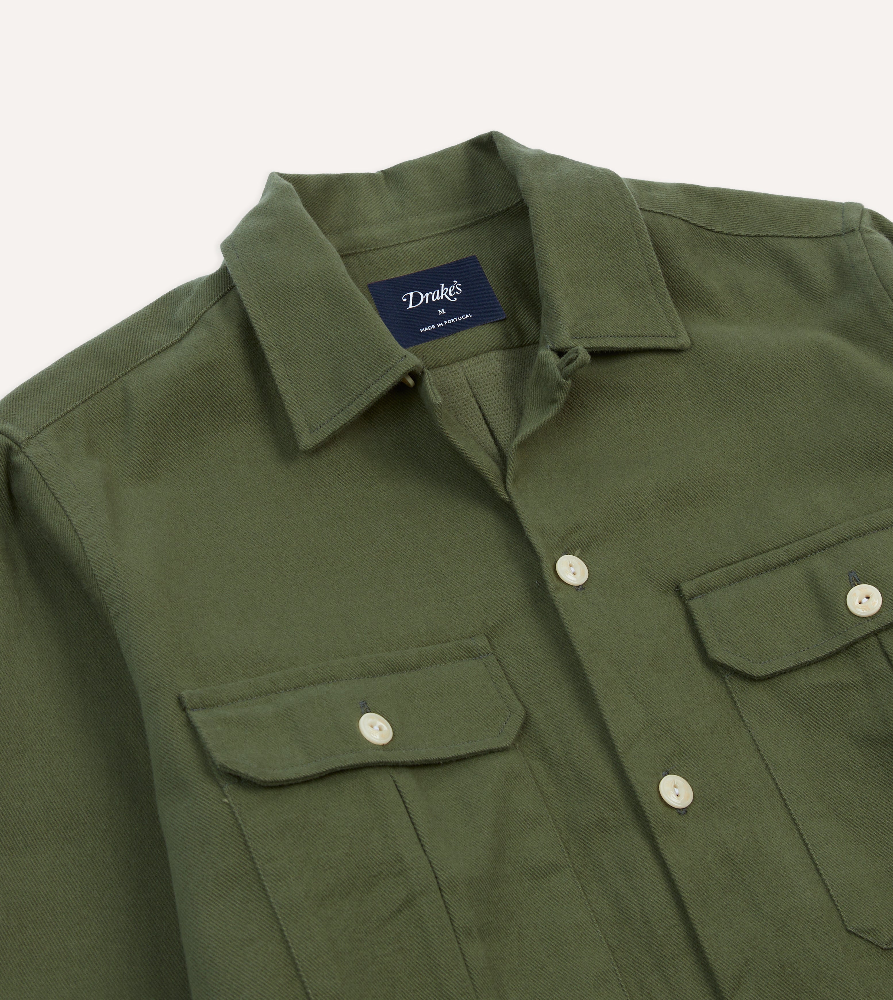 Olive Brushed Cotton Twill Two-Pocket Camp Collar Work Shirt Drakes US Olive Brushed Cotton Twill Two-Pocket Camp Collar Work Shirt Drakes US