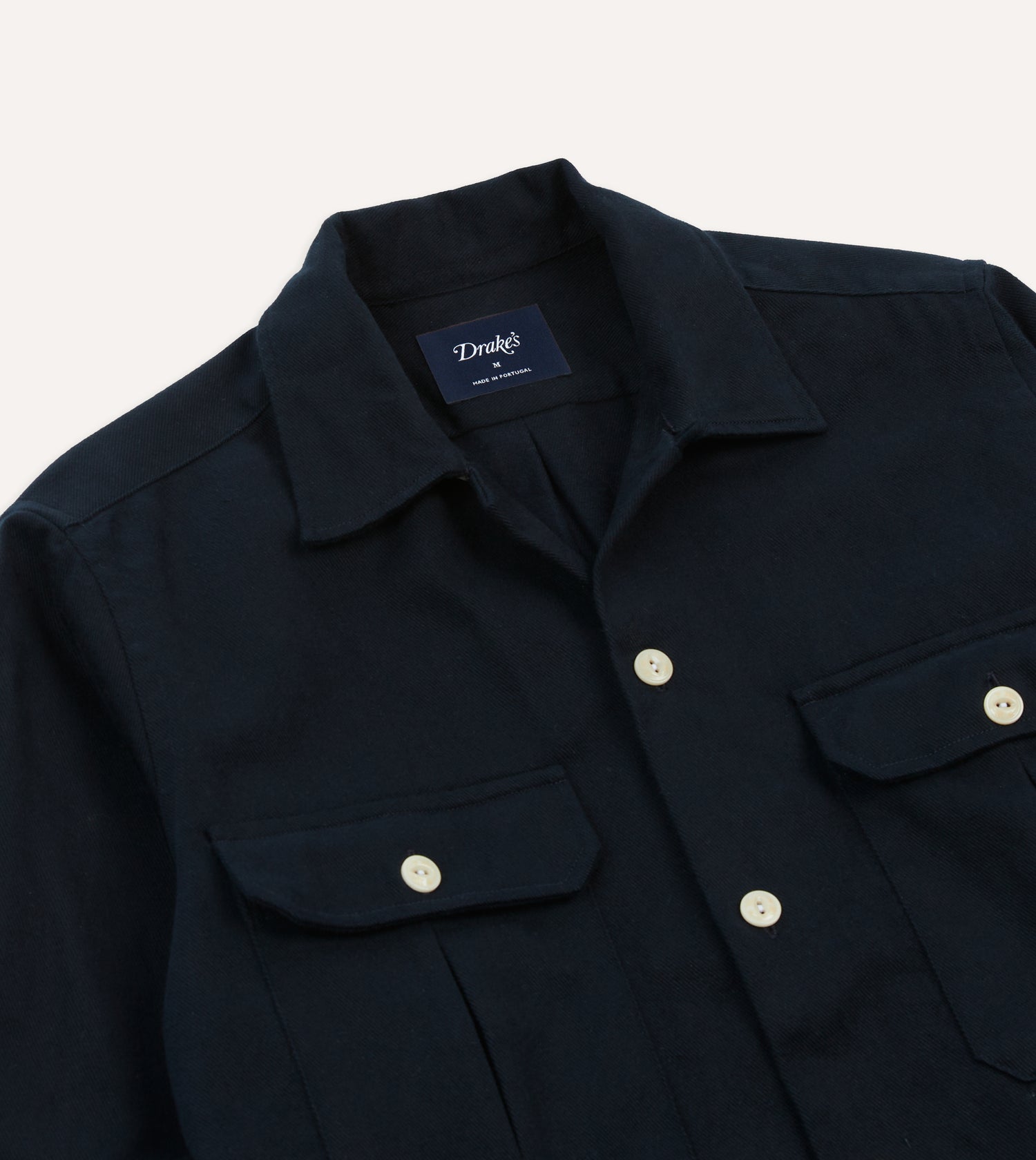 Navy Brushed Cotton Twill Two-Pocket Camp Collar Work Shirt