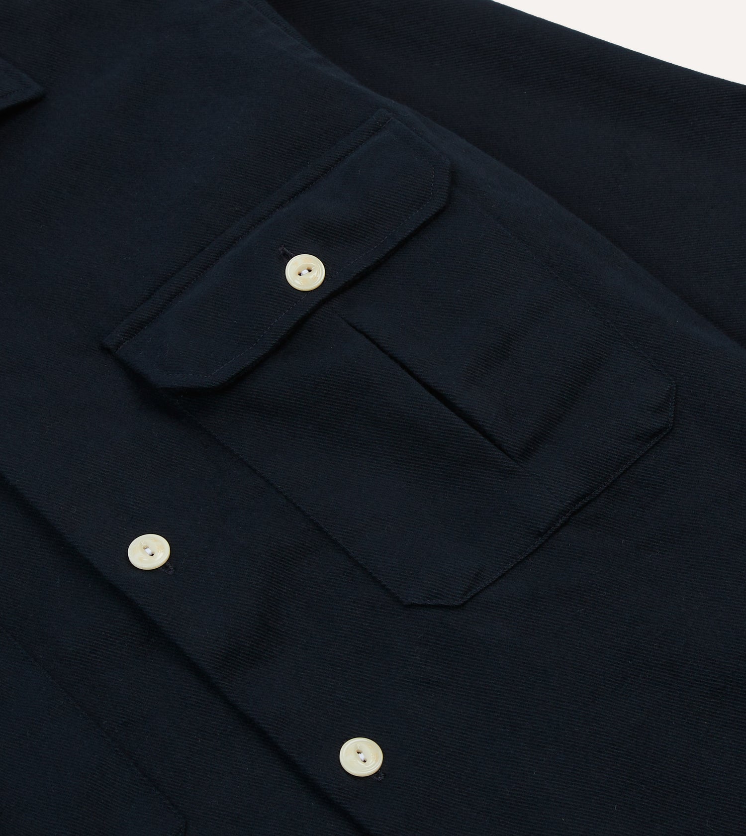 Navy Brushed Cotton Twill Two-Pocket Camp Collar Work Shirt
