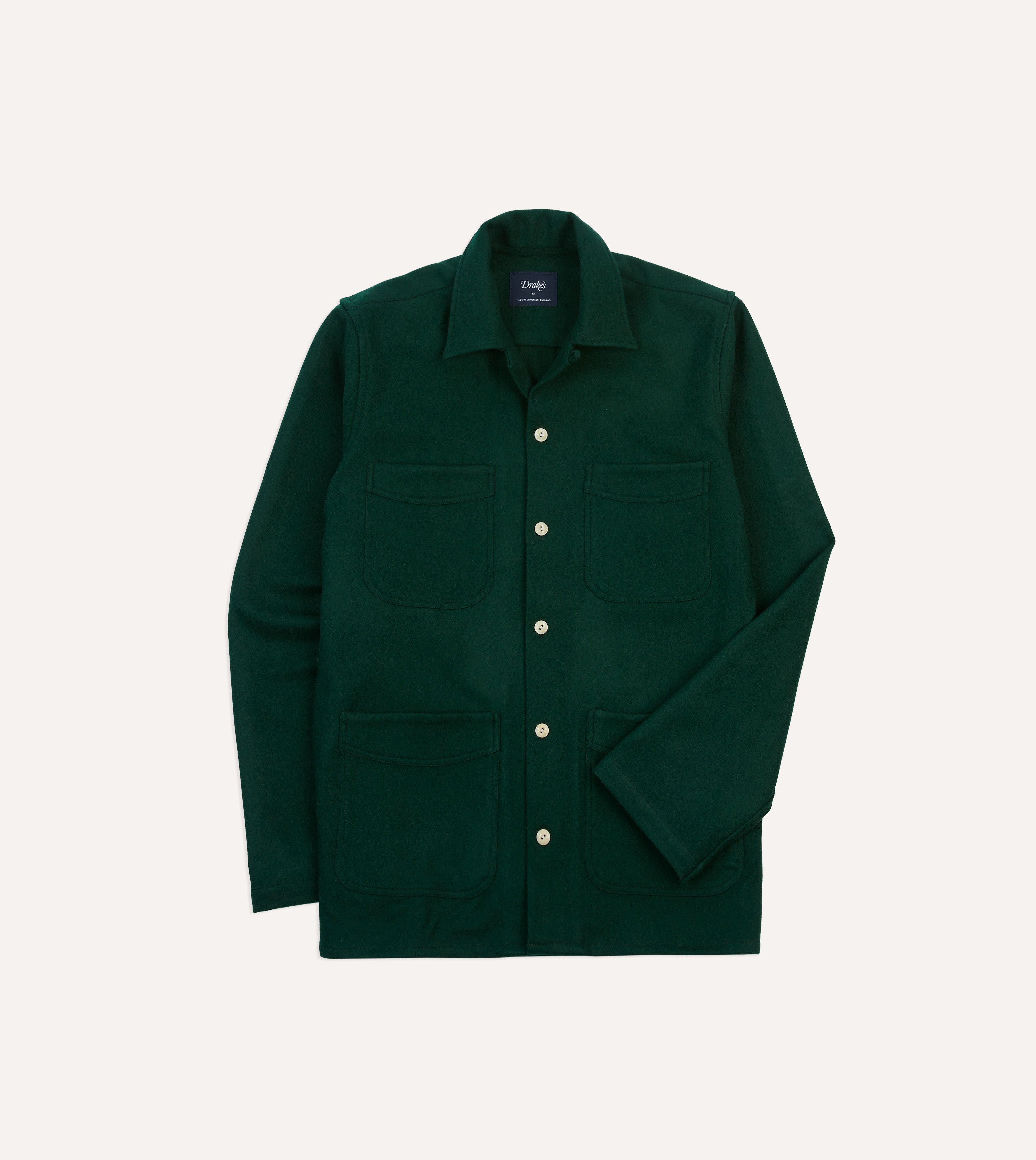 Green Wool Four-Pocket Camp Collar Work Shirt