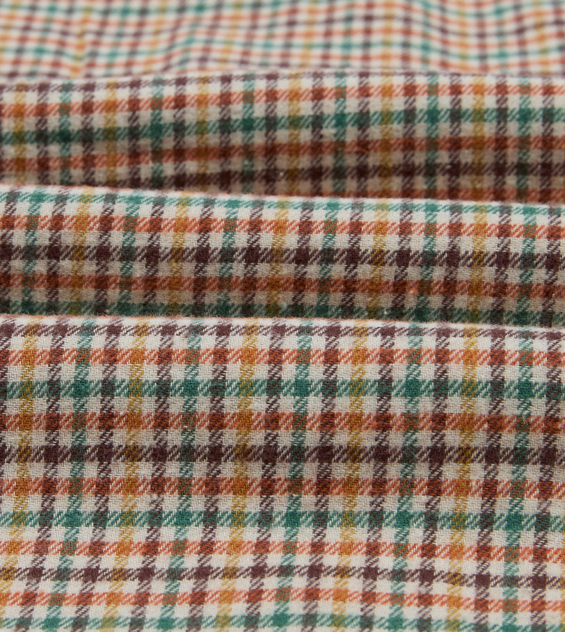 Brown and Green Check Brushed Cotton Twill Camp Collar Long Sleeve Shirt