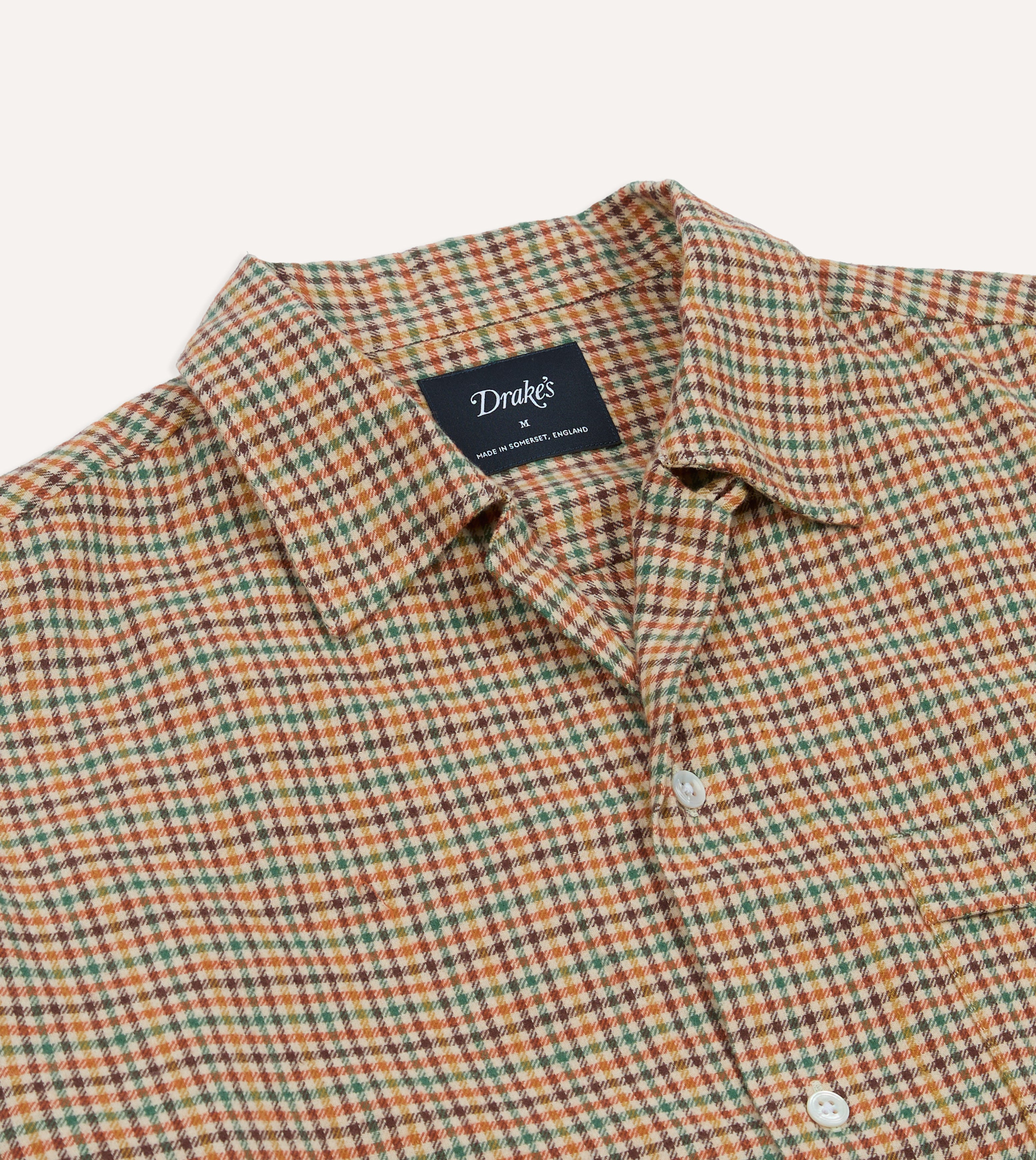 Brown and Green Check Brushed Cotton Twill Camp Collar Long Sleeve Shi Drakes US Brown and Green Check Brushed Cotton Twill Camp Collar Long Sleeve Shi Drakes US