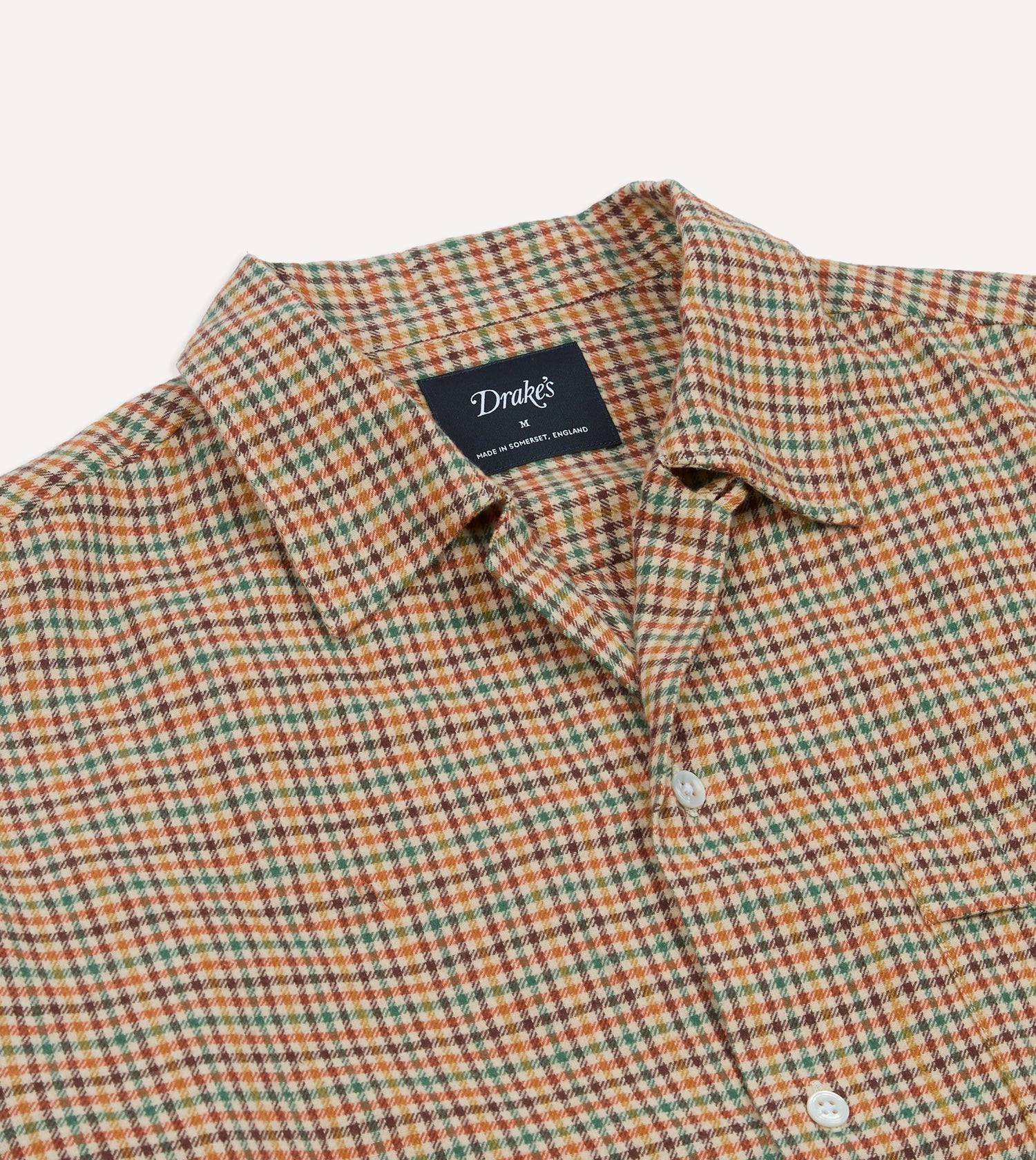 Brown and Green Check Brushed Cotton Twill Camp Collar Long Sleeve Shirt