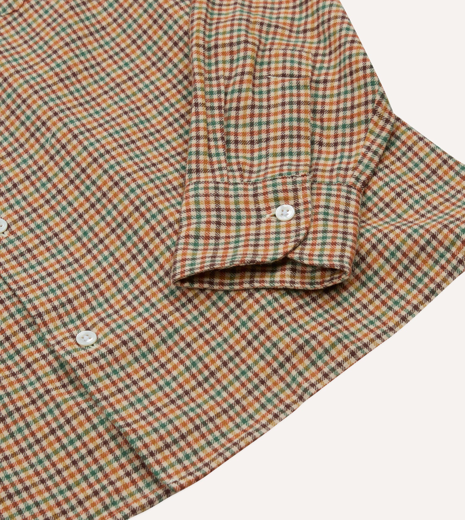 Brown and Green Check Brushed Cotton Twill Camp Collar Long Sleeve Shirt