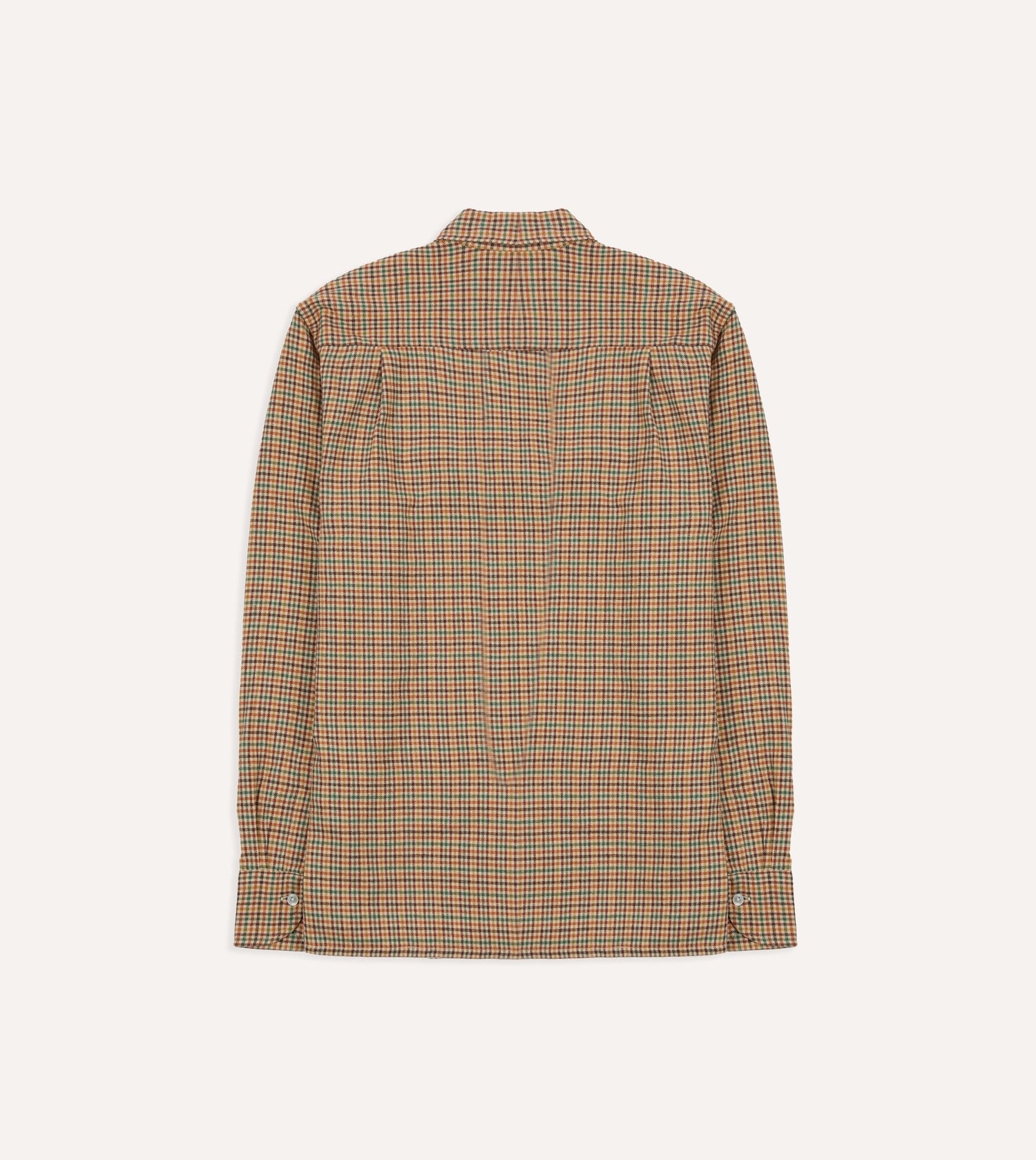 Brown and Green Check Brushed Cotton Twill Camp Collar Long Sleeve Shirt
