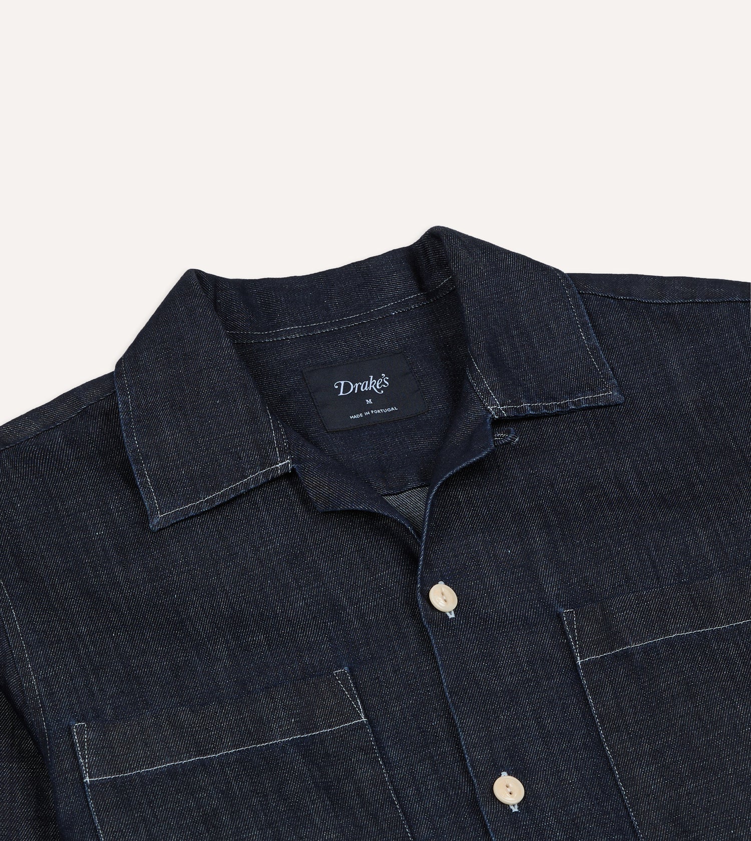 Navy Cotton-Hemp Denim Camp Collar Work Shirt