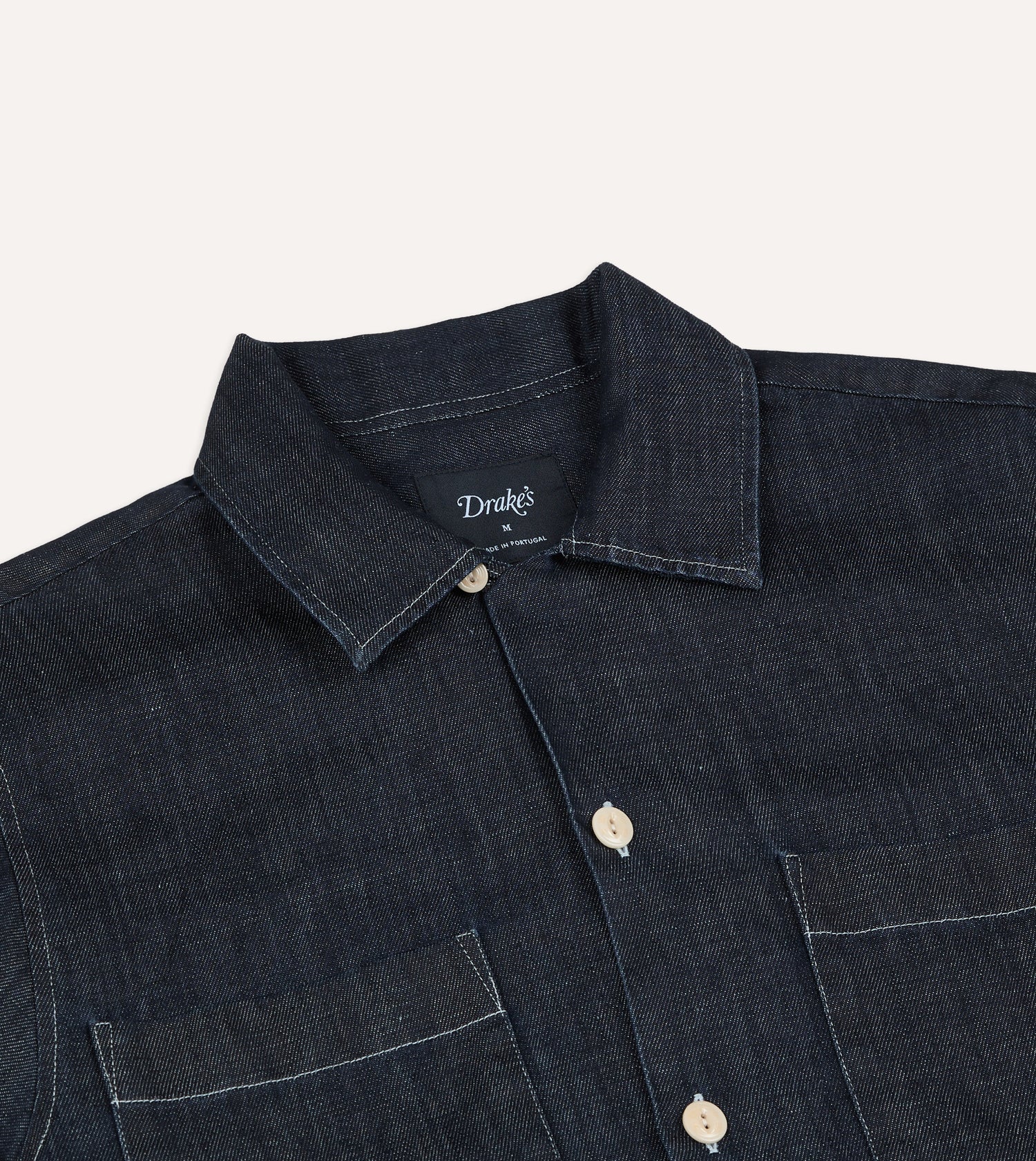 Navy Cotton-Hemp Denim Camp Collar Work Shirt
