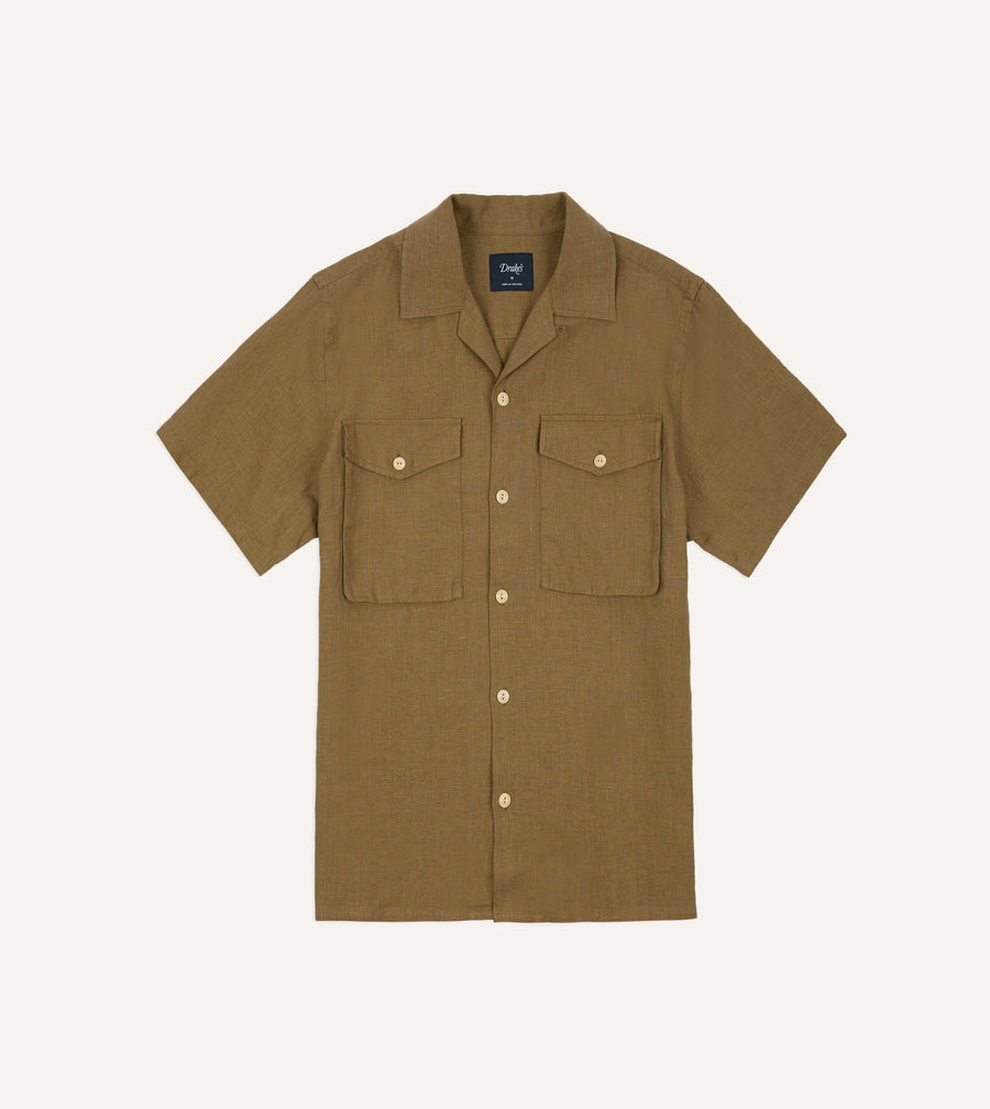 Khaki Linen Short Sleeve Camp Collar Military Shirt