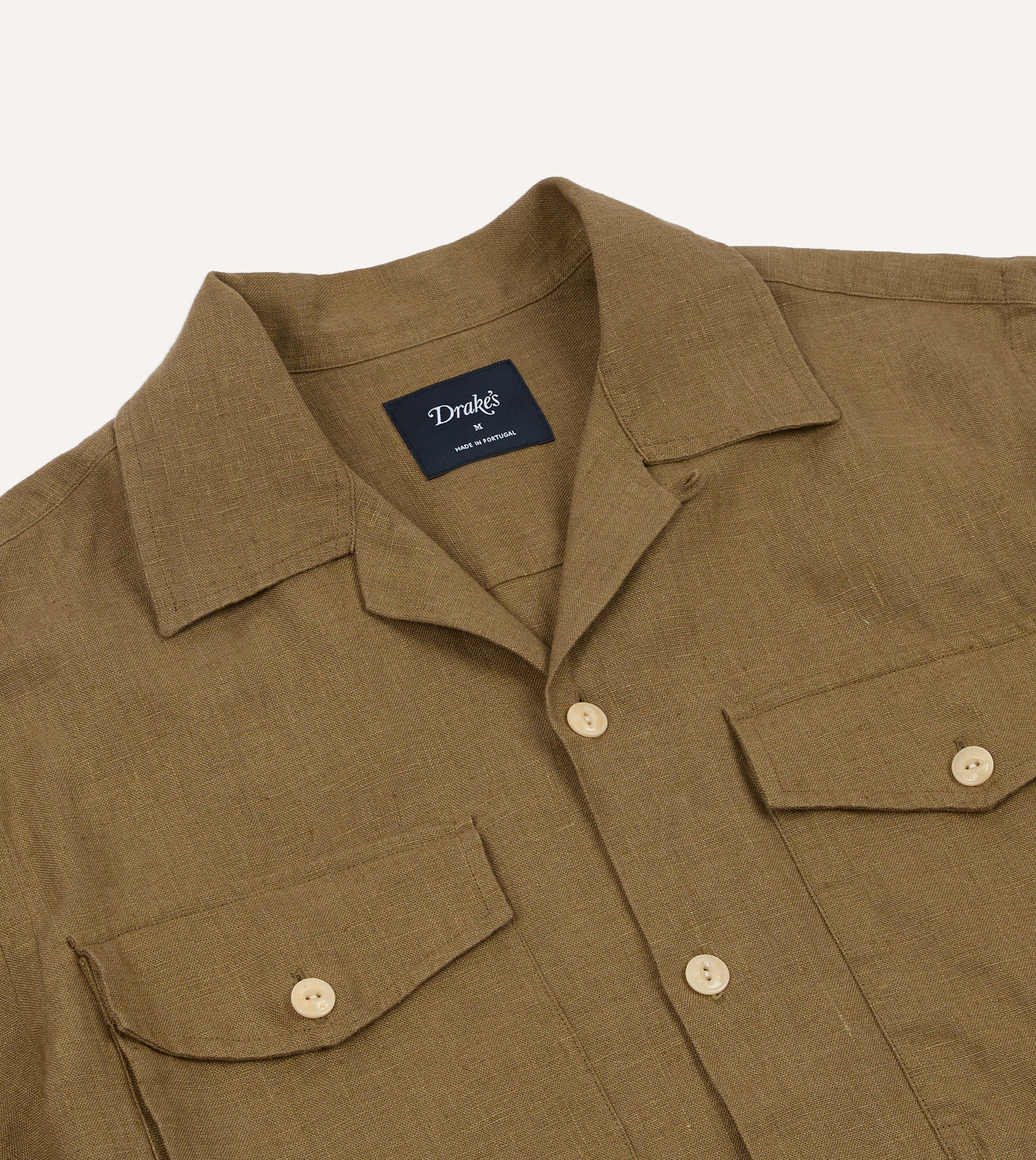 Khaki Linen Short Sleeve Camp Collar Military Shirt – Drakes US