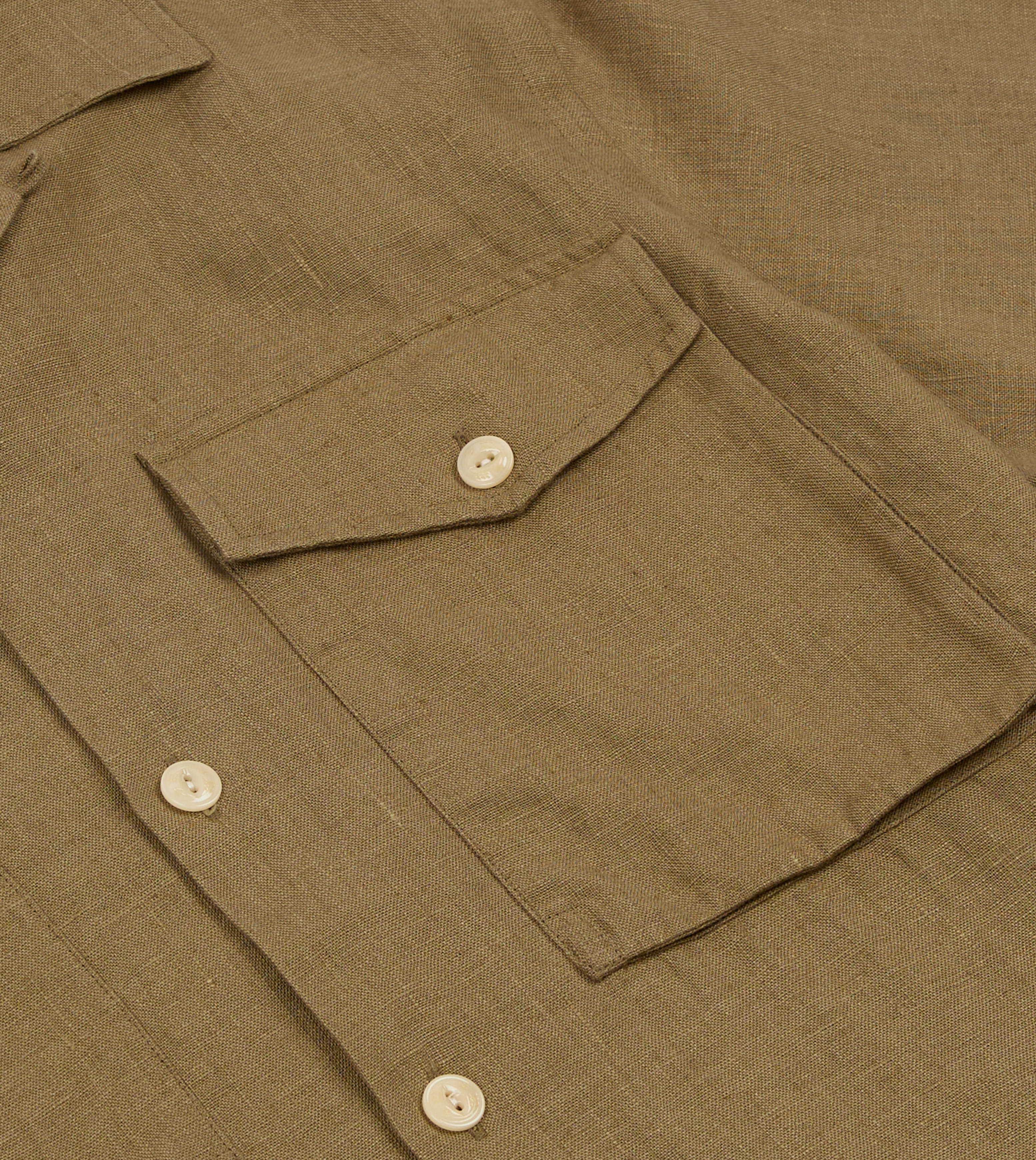 Khaki Linen Short Sleeve Camp Collar Military Shirt – Drakes US