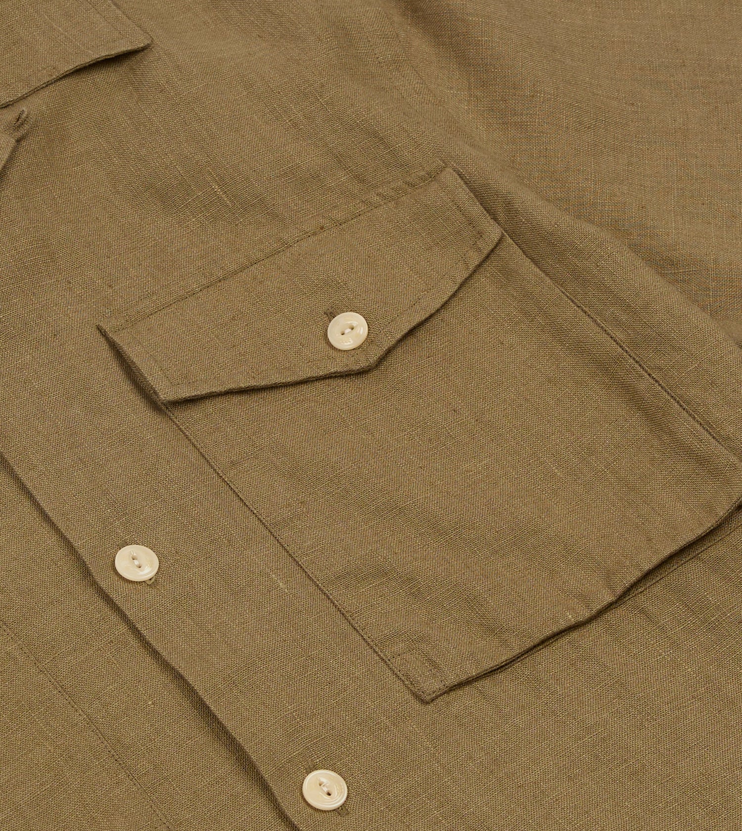 Khaki Linen Short Sleeve Camp Collar Military Shirt