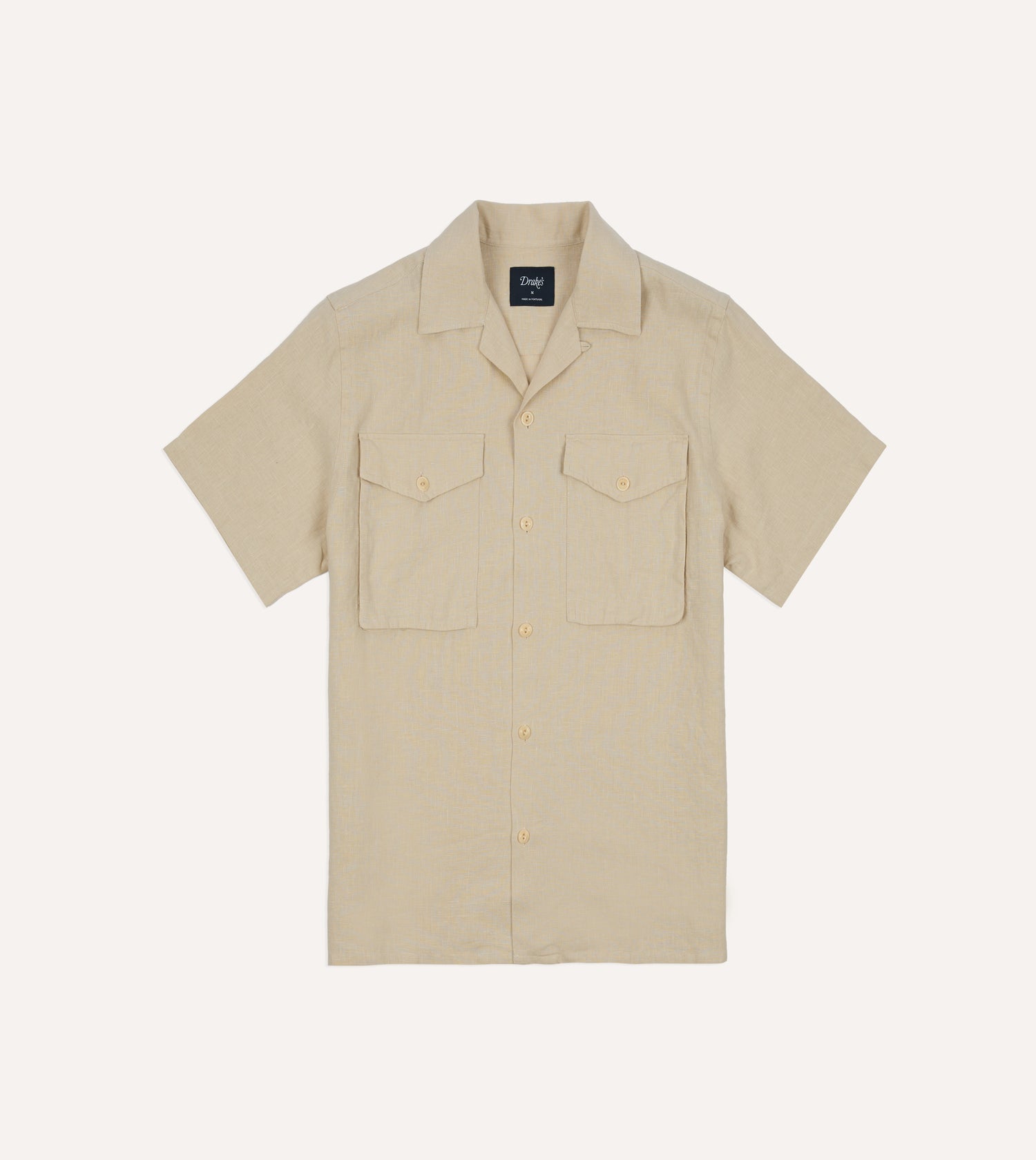 Ecru Linen Short Sleeve Camp Collar Military Shirt