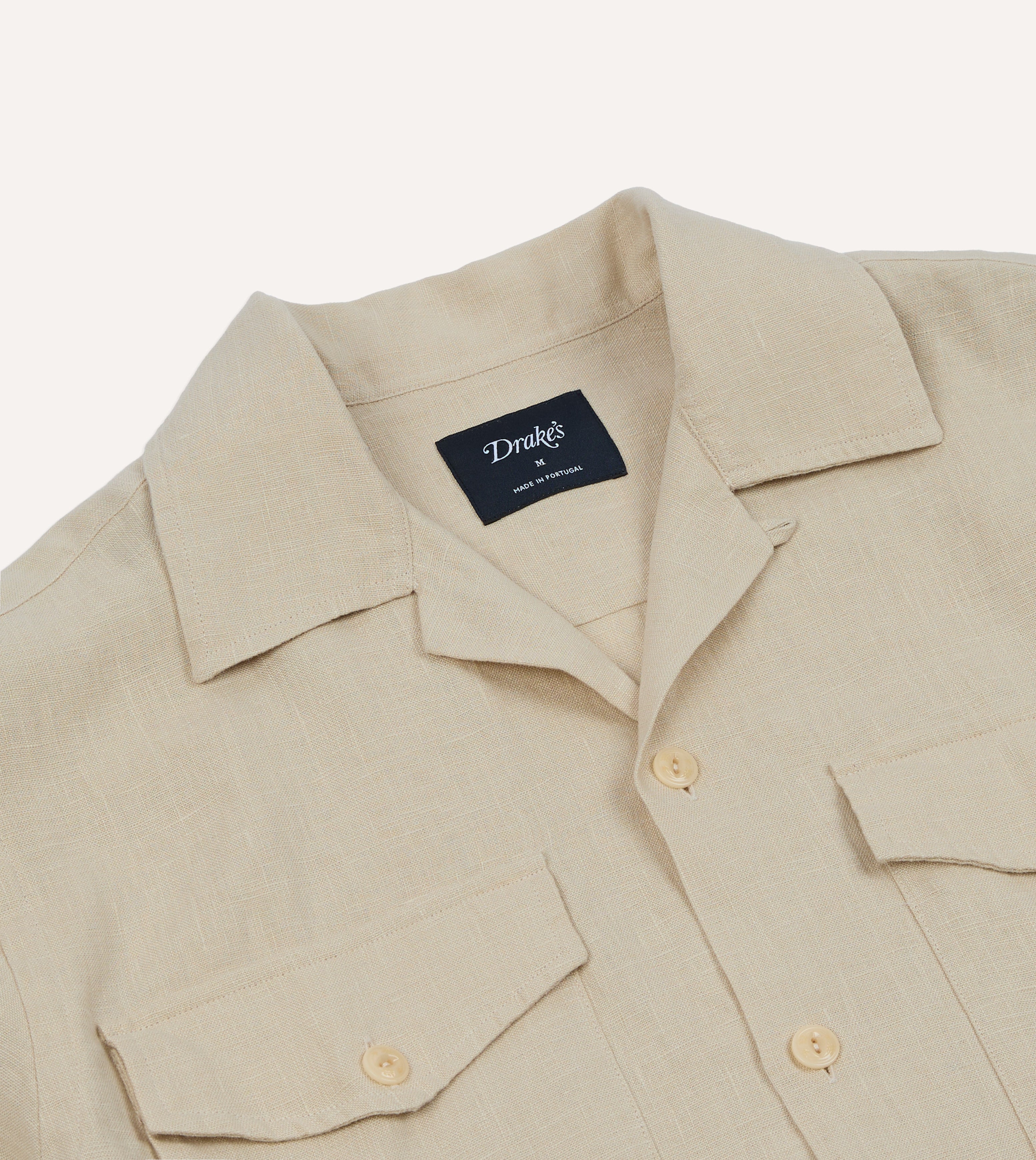 Ecru Linen Short Sleeve Camp Collar Military Shirt – Drakes US