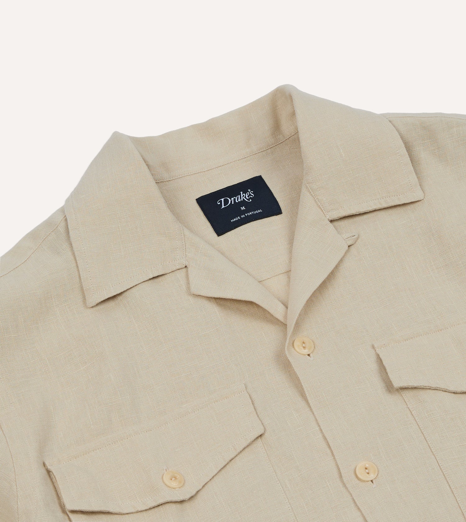 Ecru Linen Short Sleeve Camp Collar Military Shirt