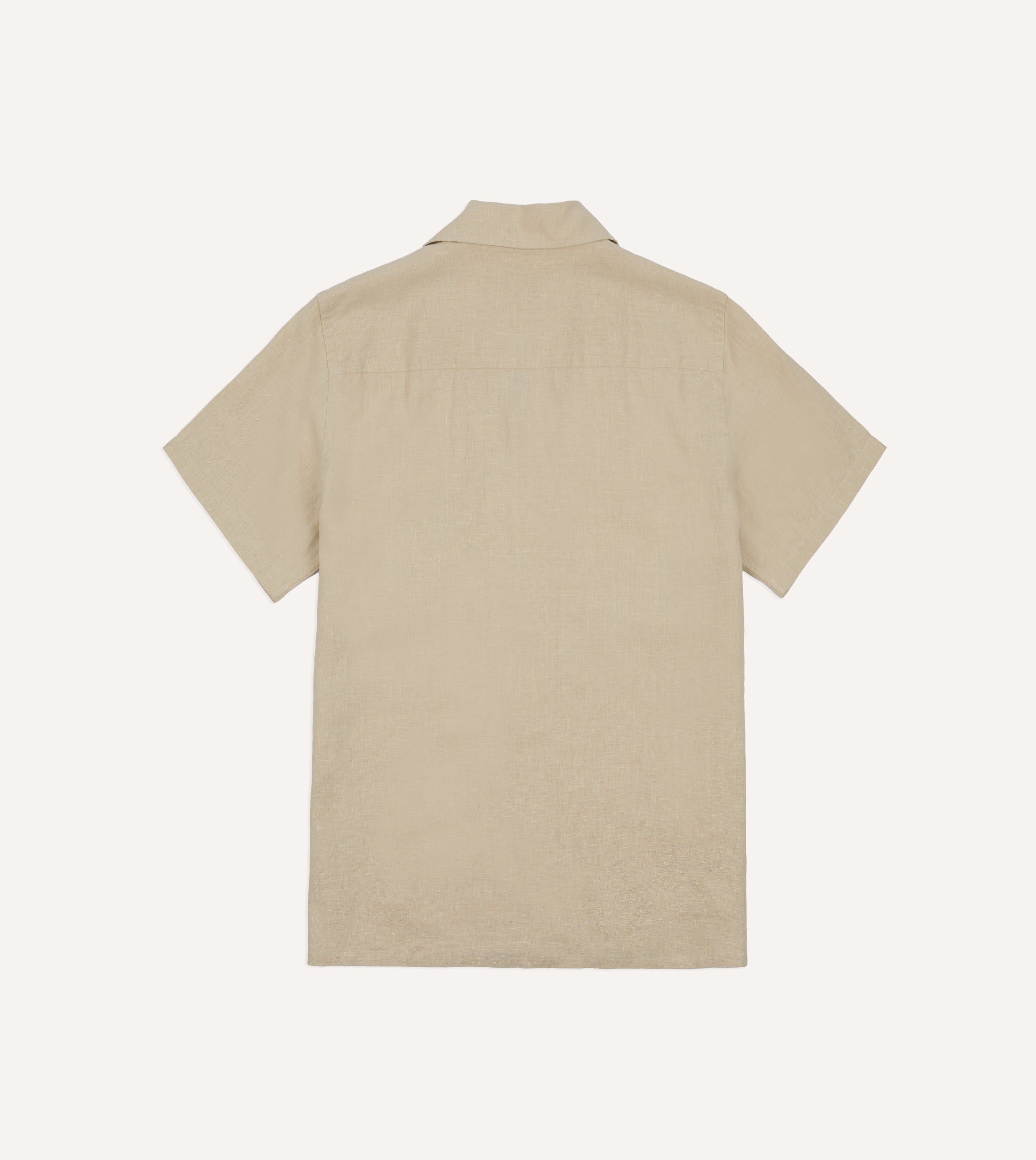 Ecru Linen Short Sleeve Camp Collar Military Shirt