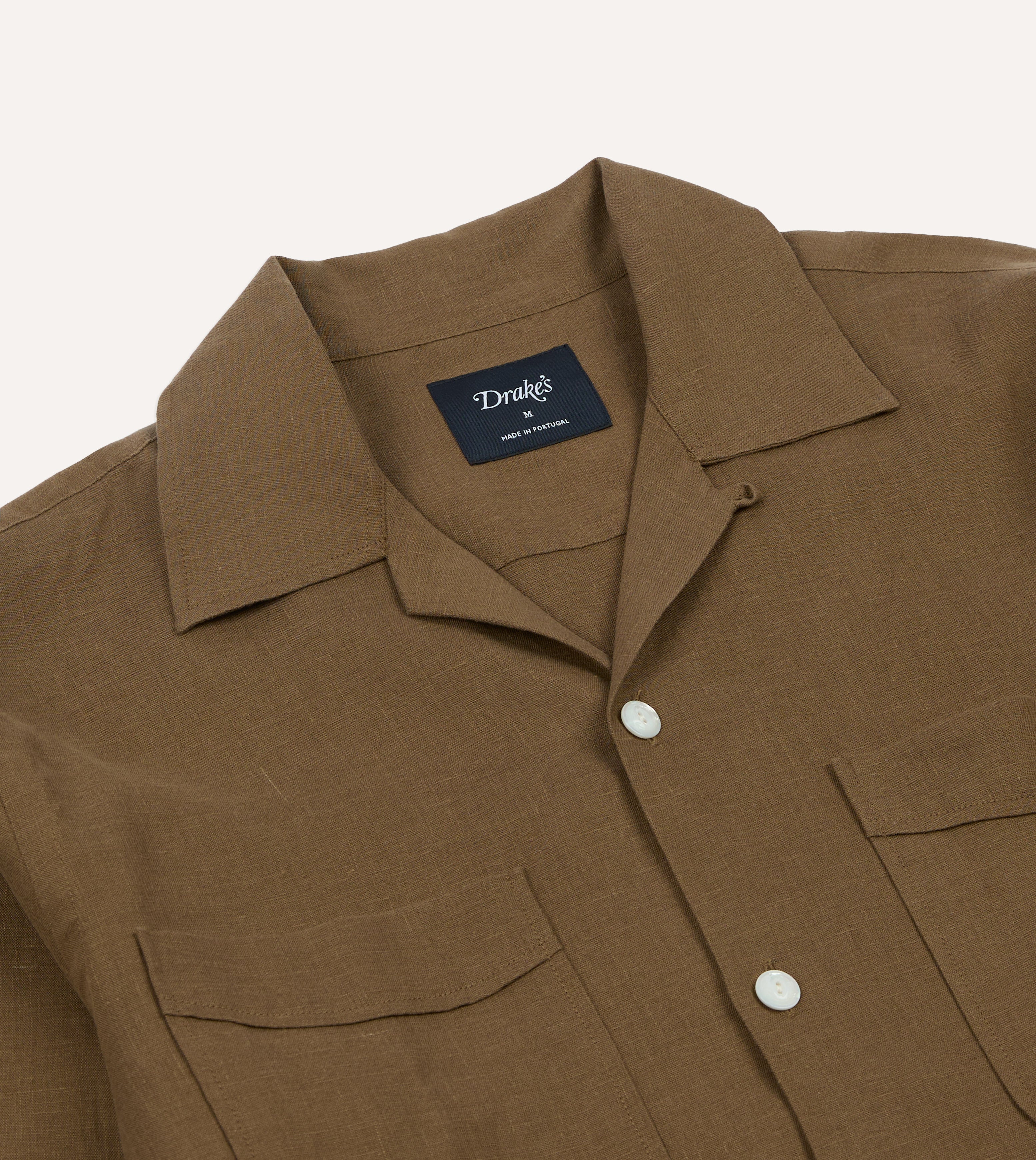 Khaki Linen Four-Pocket Camp Collar Work Shirt – Drakes US