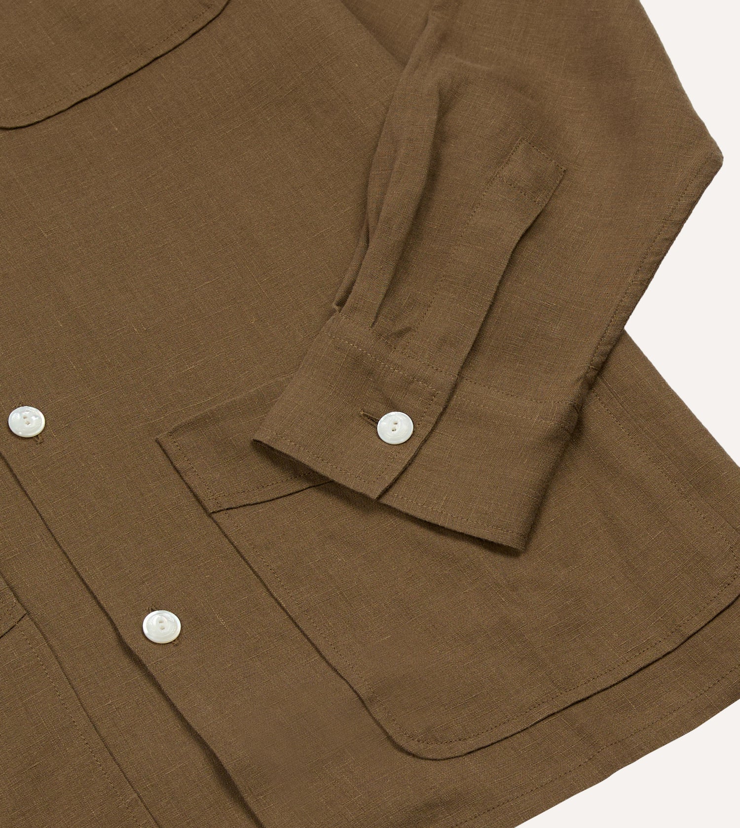 Khaki Linen Four-Pocket Camp Collar Work Shirt