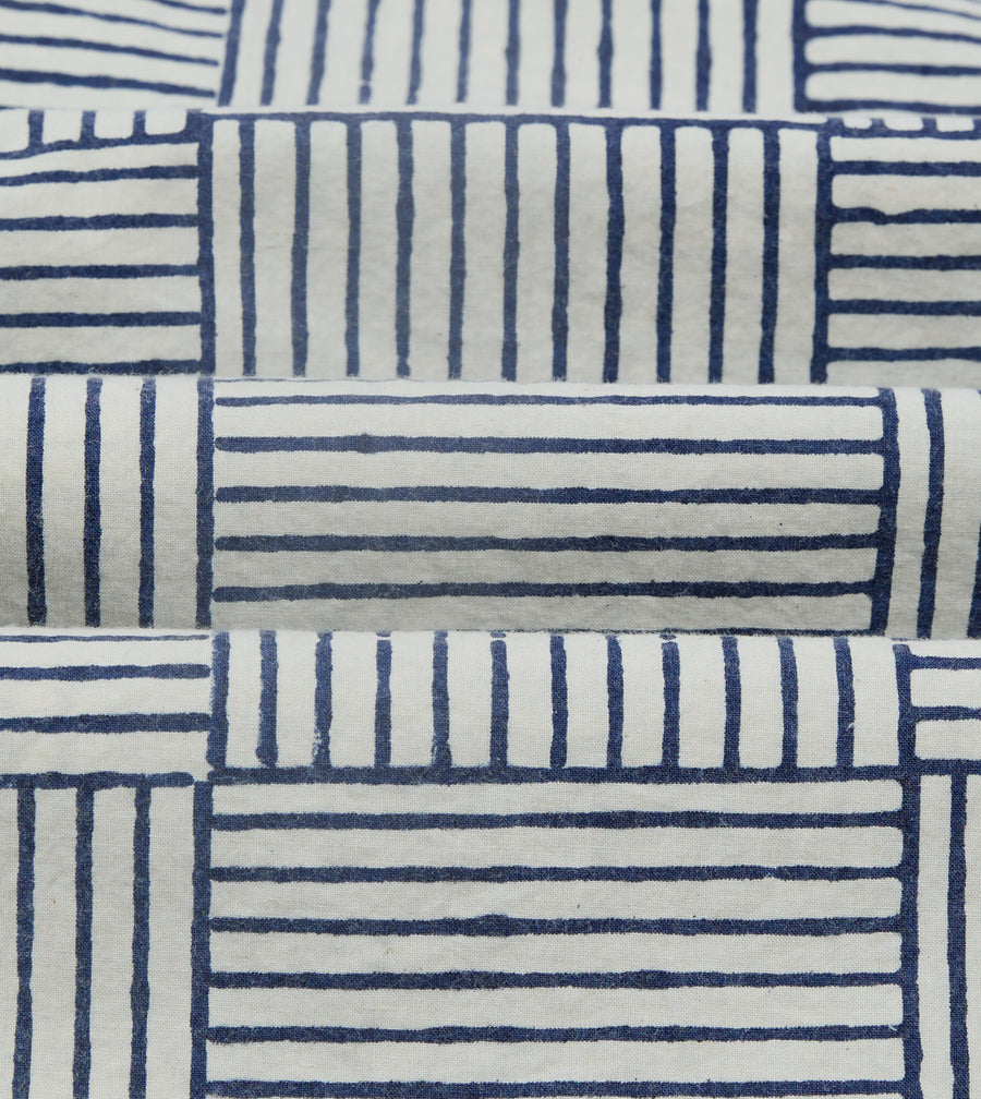 Navy Weave Block Print Cotton Camp Collar Short Sleeve Shirt