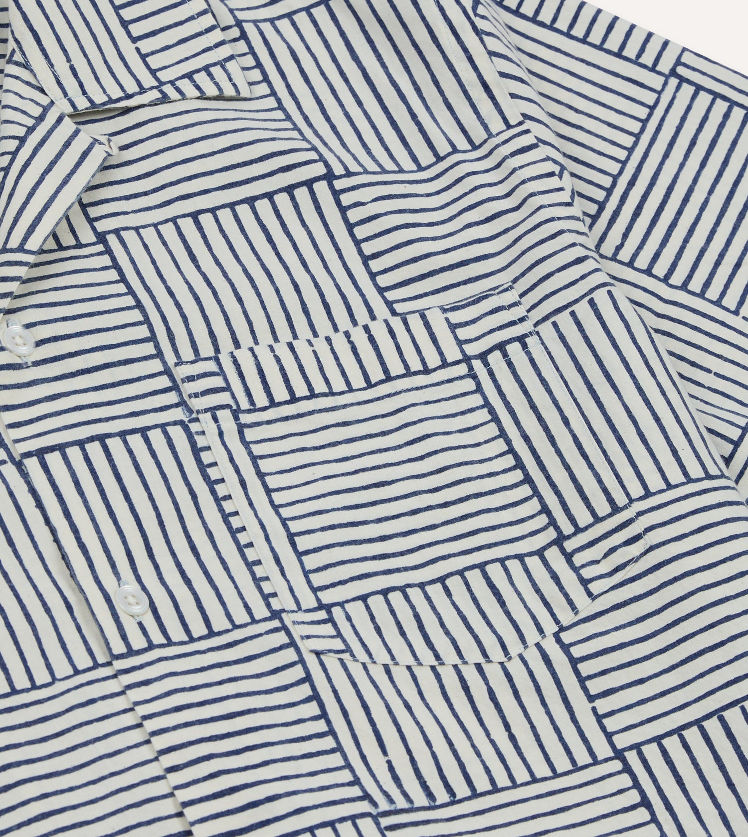 Navy Weave Block Print Cotton Camp Collar Short Sleeve Shirt