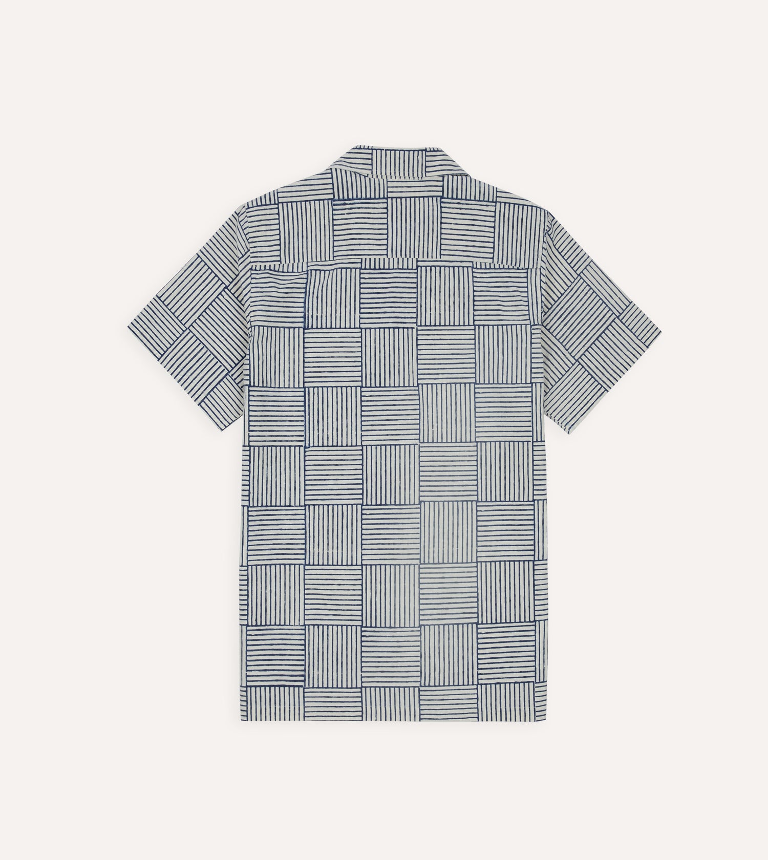 Navy Weave Block Print Cotton Camp Collar Short Sleeve Shirt