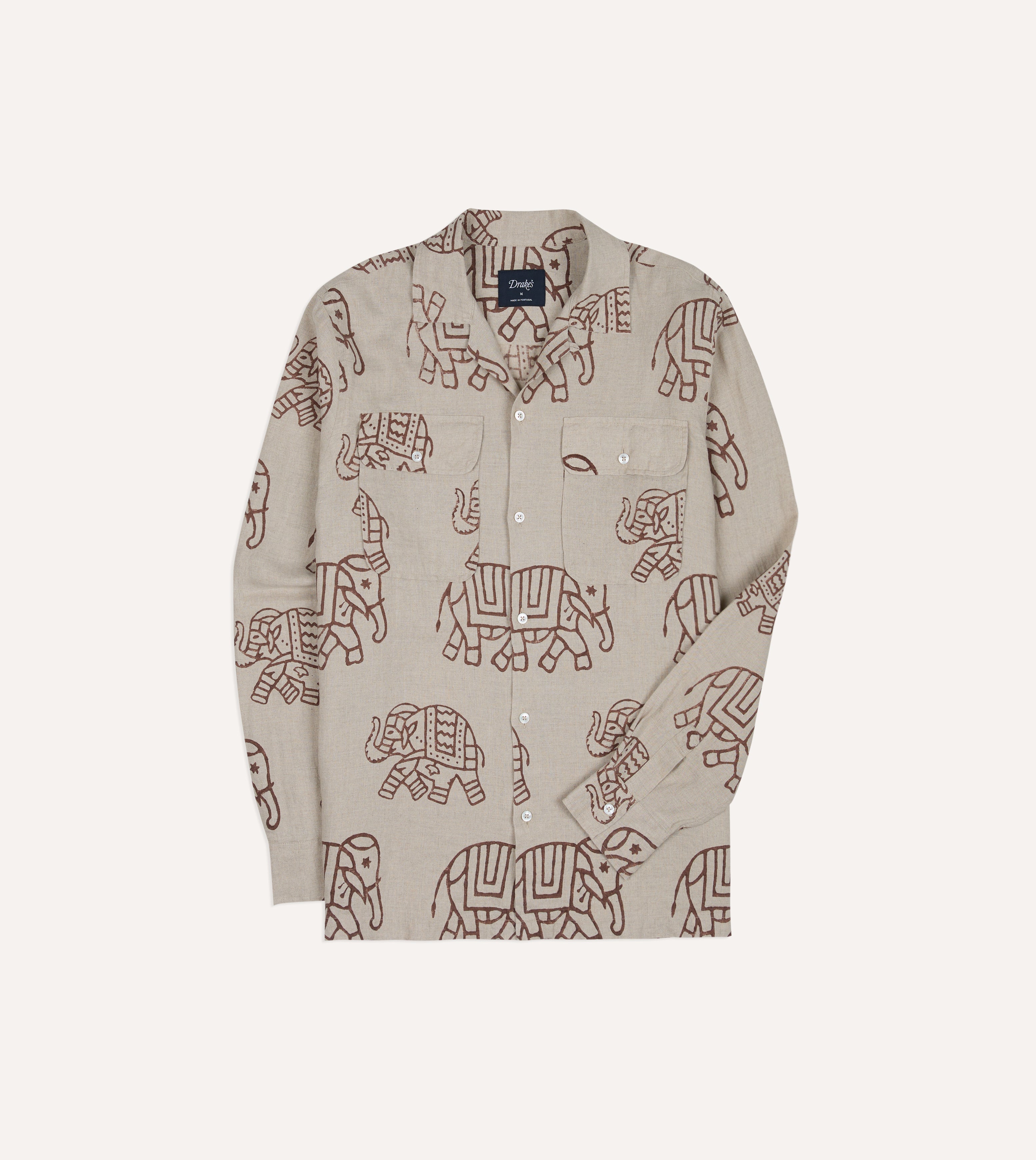 White Elephant Block Print Linen Camp Collar Long Sleeve Shirt
