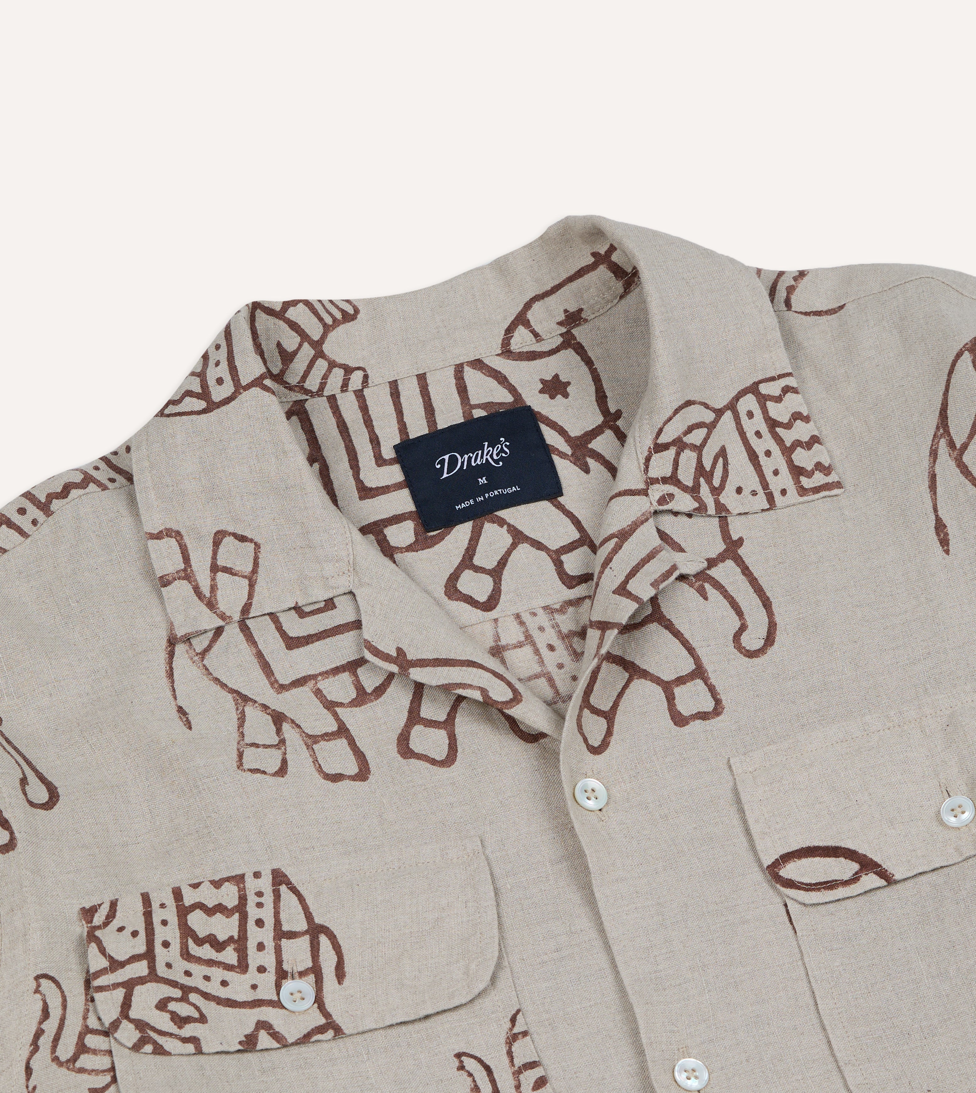 White Elephant Block Print Linen Camp Collar Long Sleeve Shirt