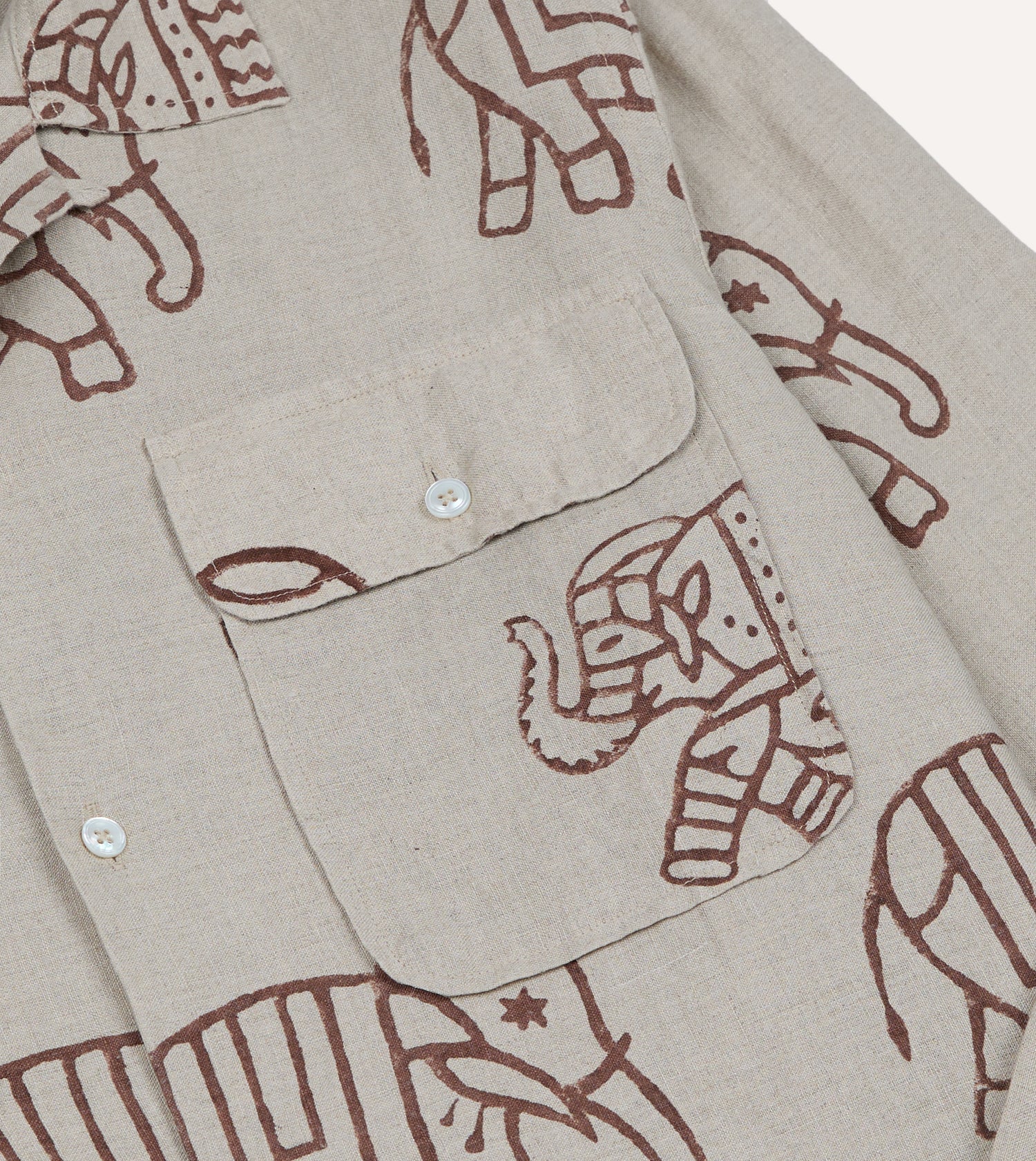 White Elephant Block Print Linen Camp Collar Long Sleeve Shirt