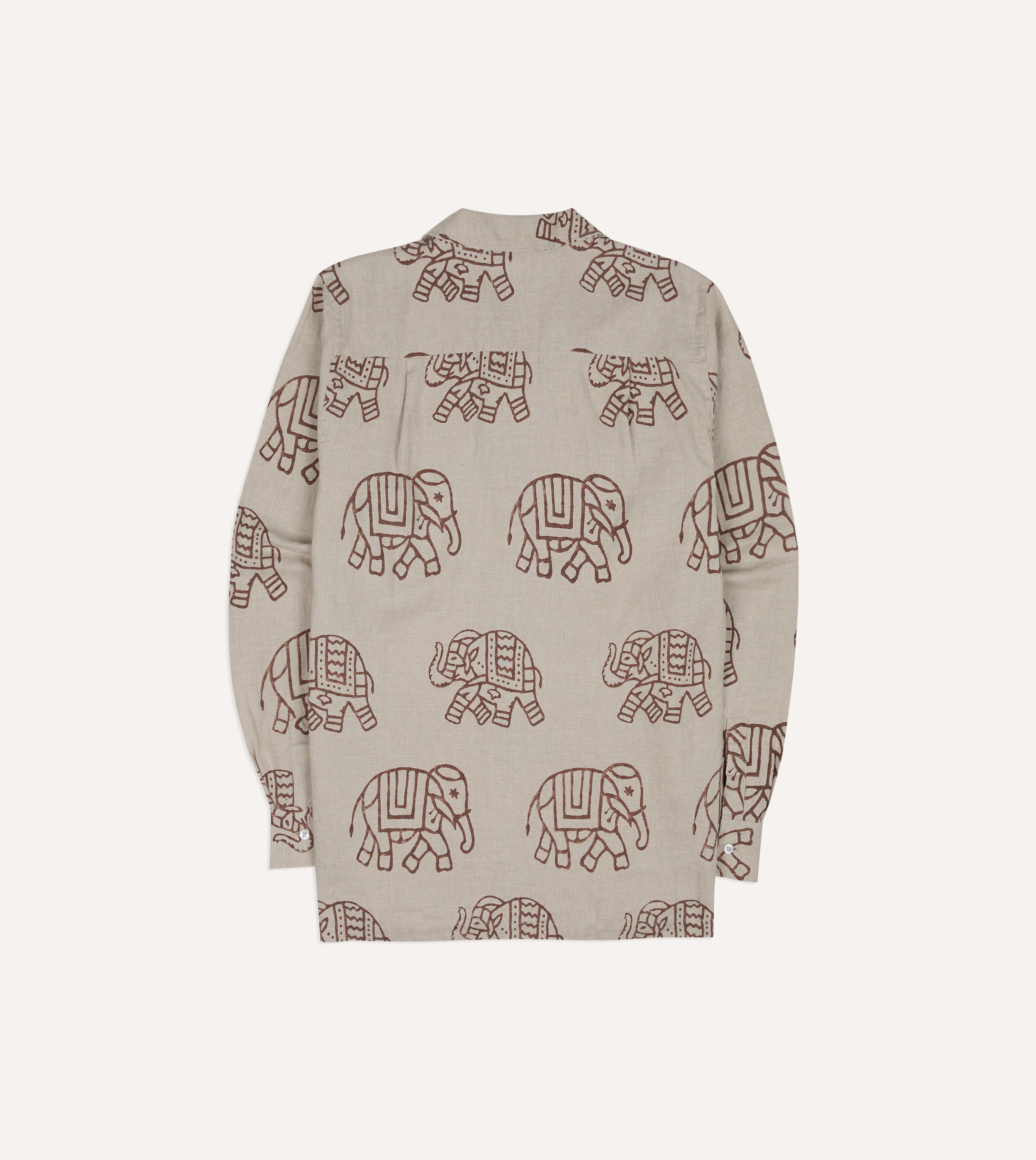White Elephant Block Print Linen Camp Collar Long Sleeve Shirt