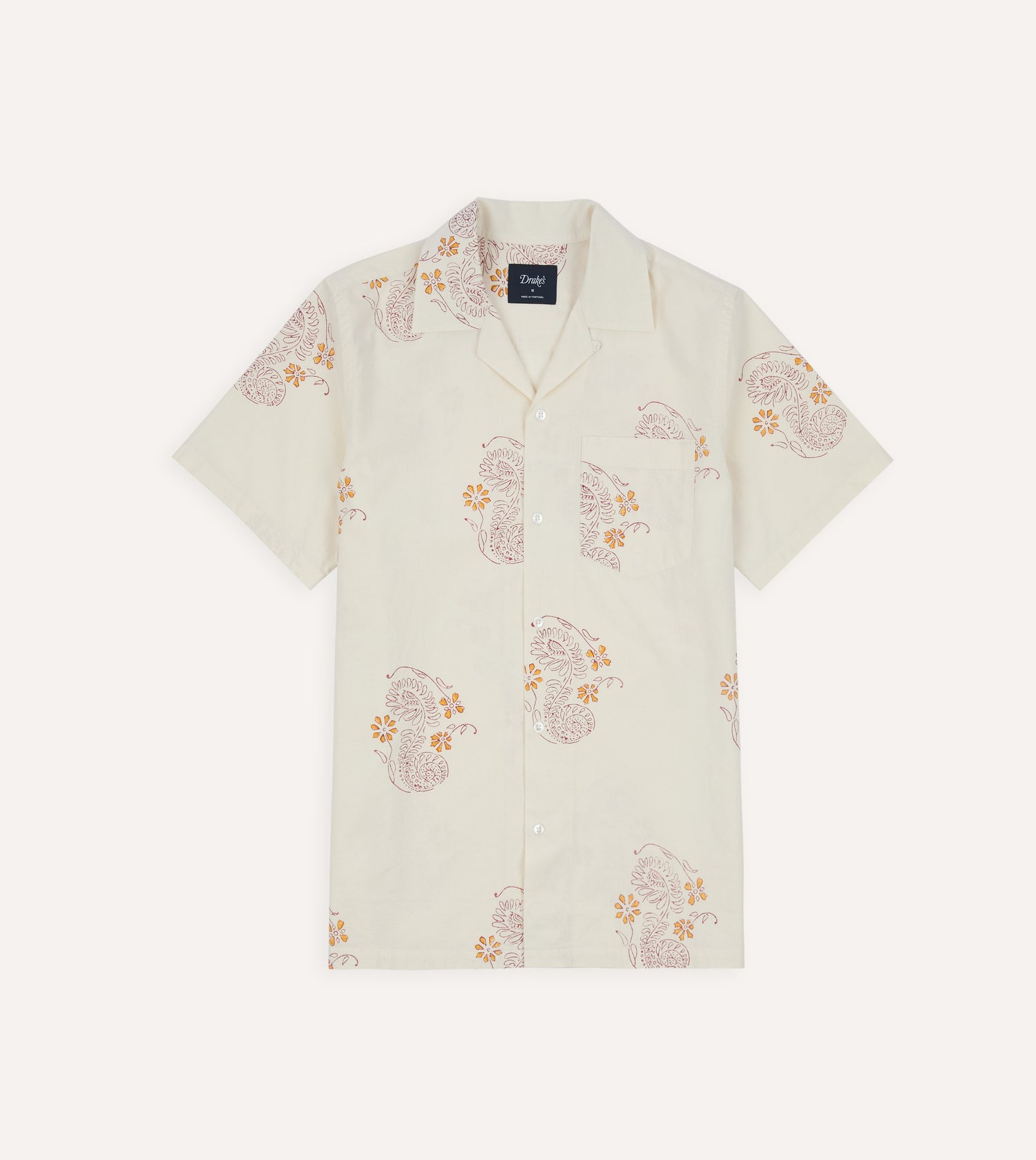 Ecru Floral Block Print Cotton Camp Collar Short Sleeve Shirt
