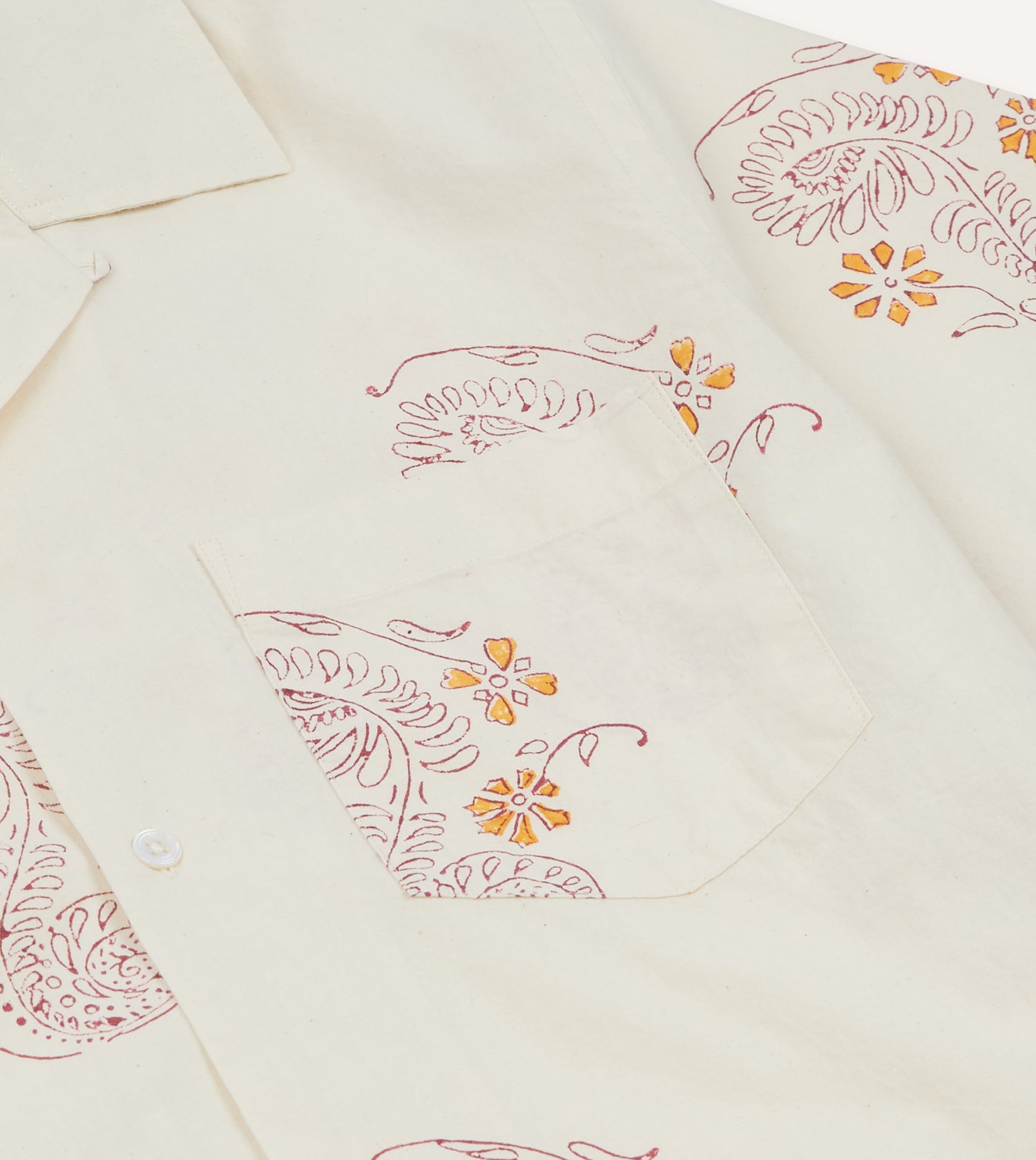Ecru Floral Block Print Cotton Camp Collar Short Sleeve Shirt