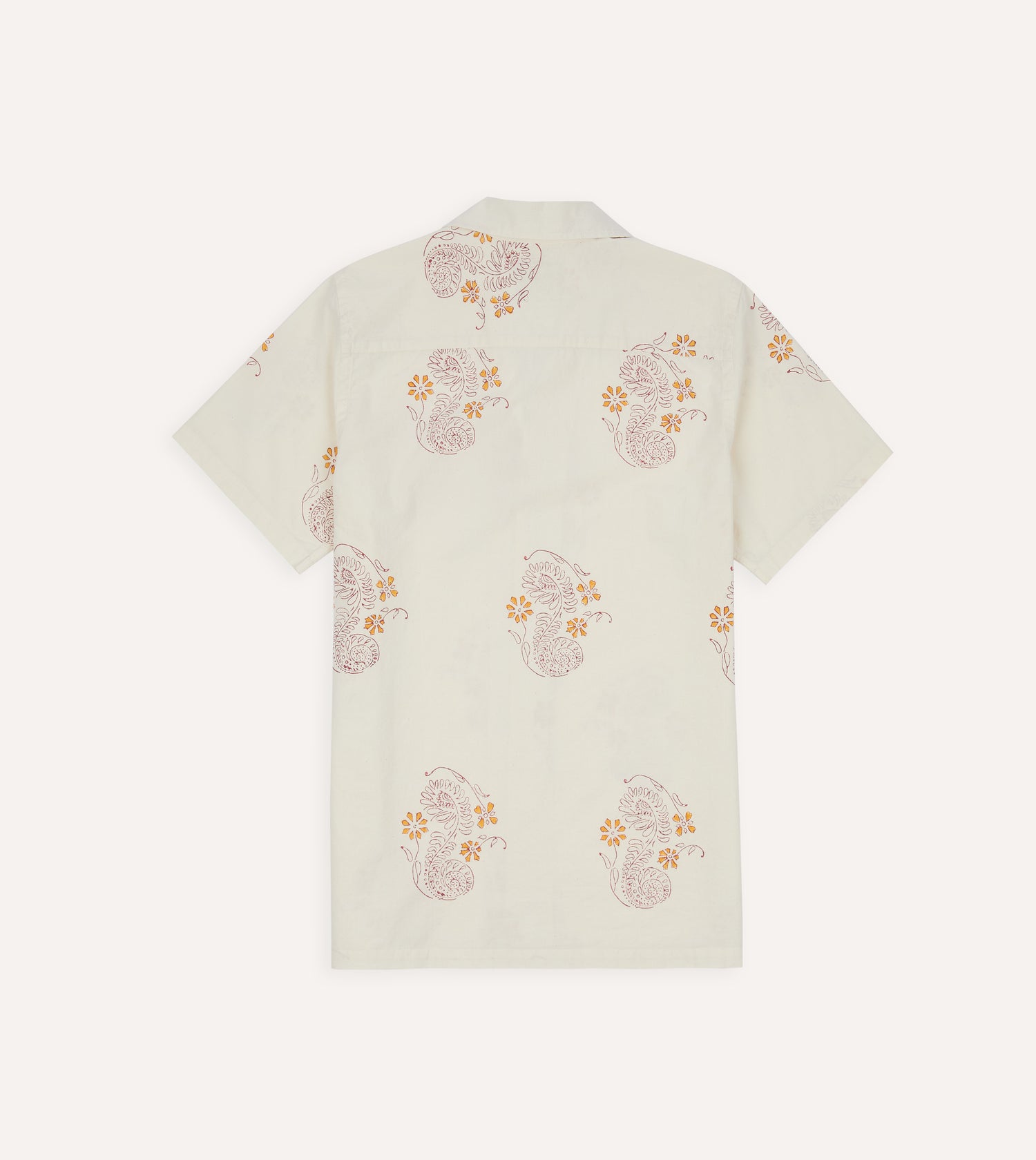 Ecru Floral Block Print Cotton Camp Collar Short Sleeve Shirt