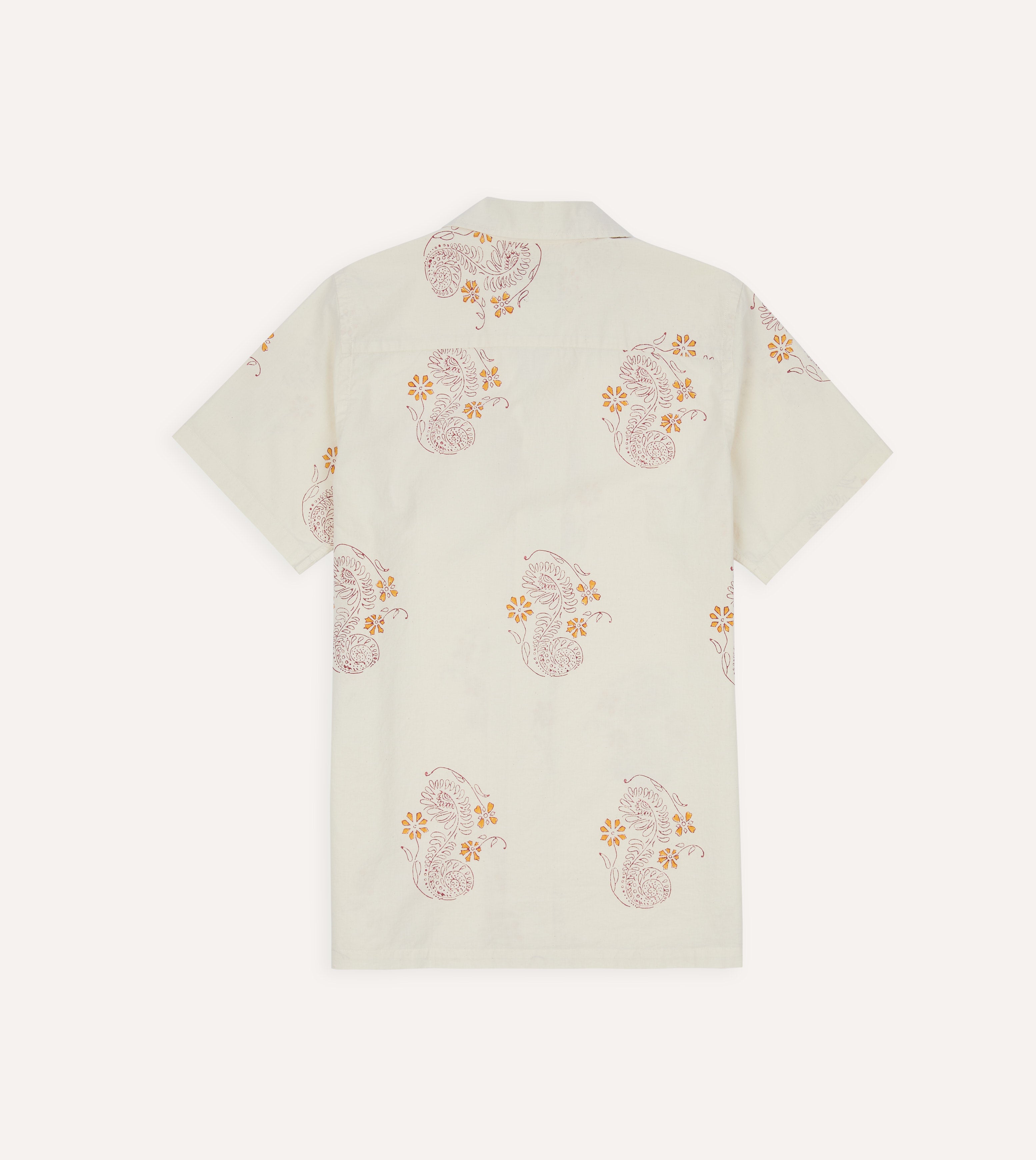 Ecru Floral Block Print Cotton Camp Collar Short Sleeve Shirt