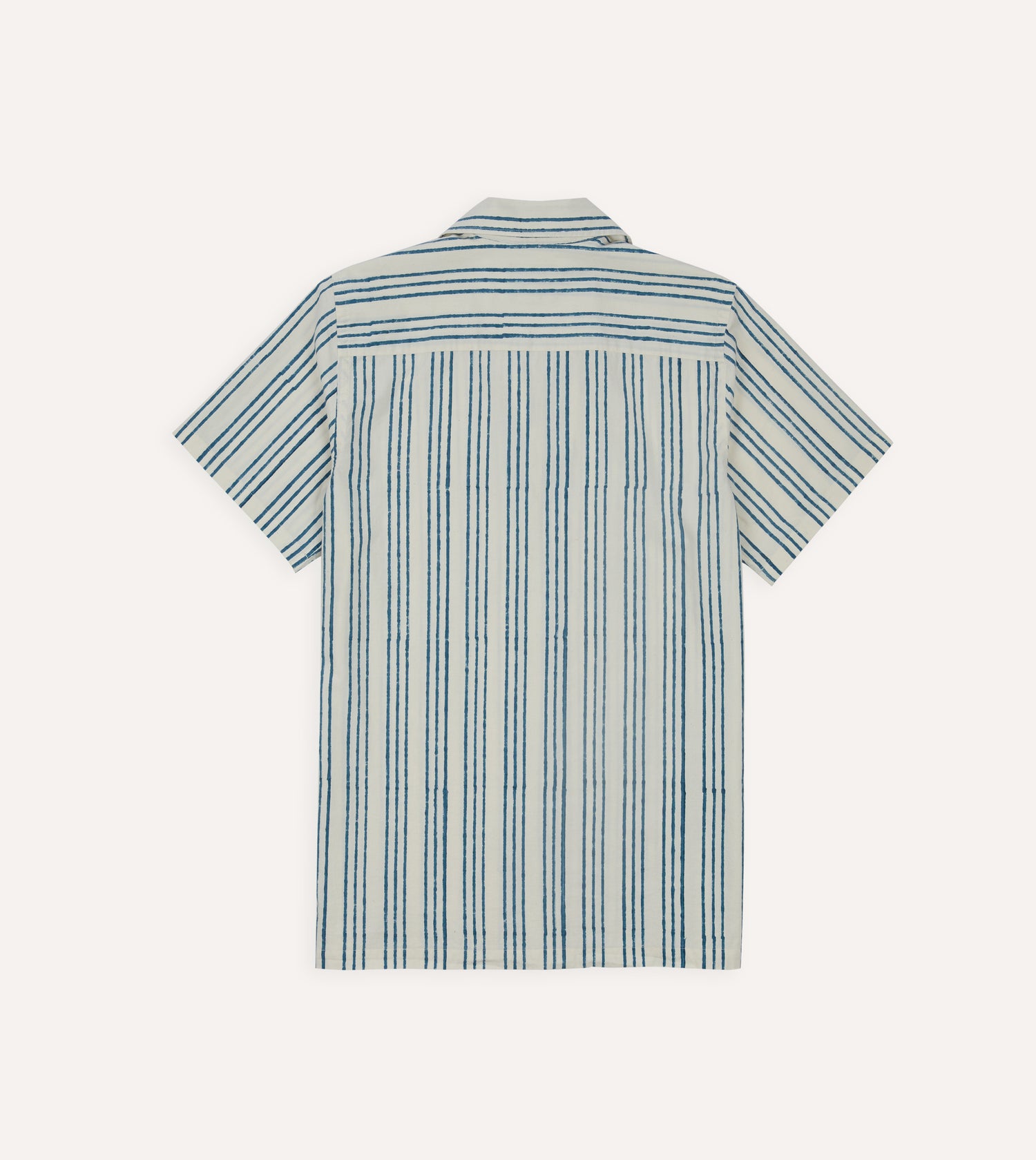 Indigo Triple Stripe Block Print Cotton Camp Collar Short Sleeve Shirt